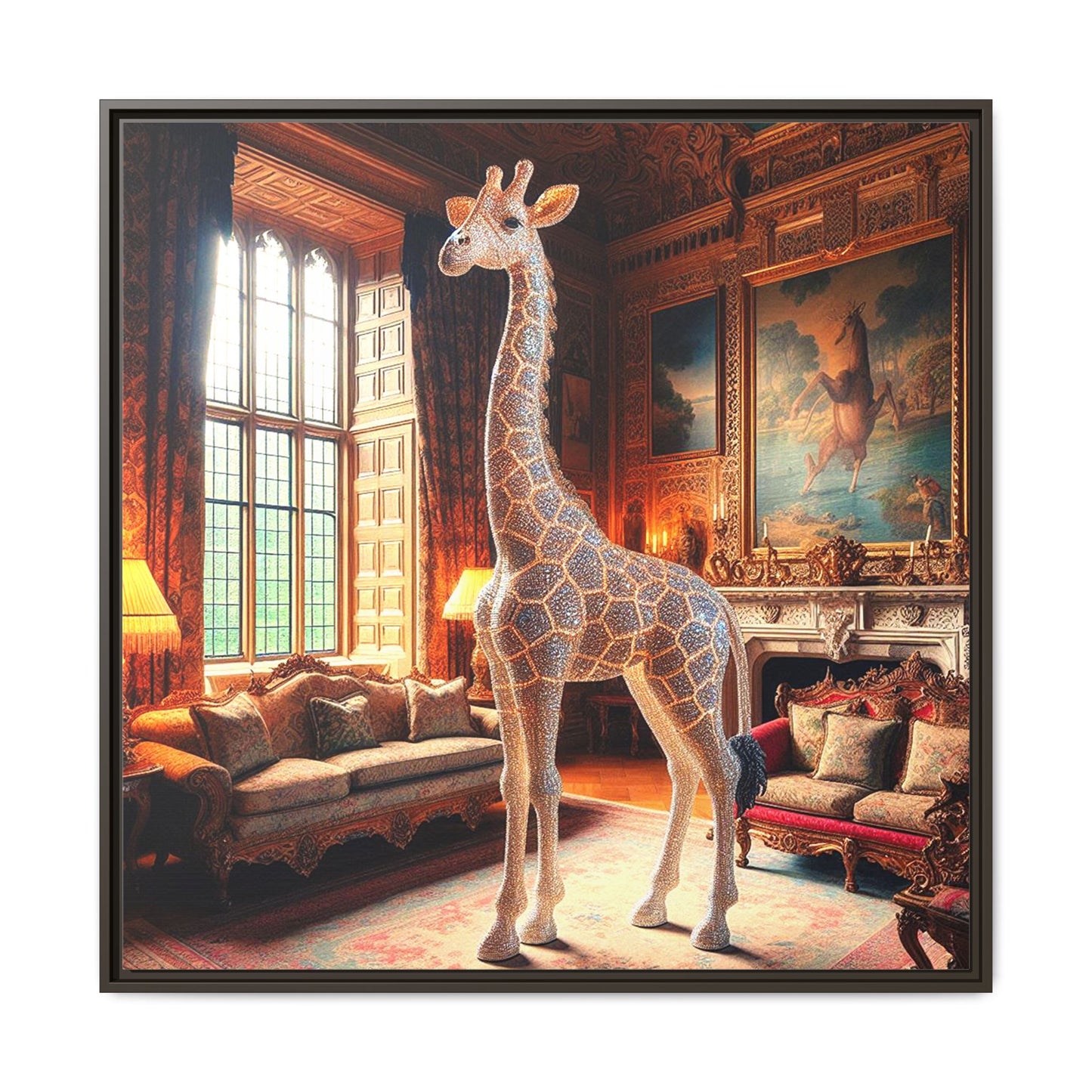 Bejeweled Giraffe Framed Canvas Print Wall Art Unique Fashion Designer Haute Couture Fashionista Animal Lover Gift Decor 3 Frame Colors