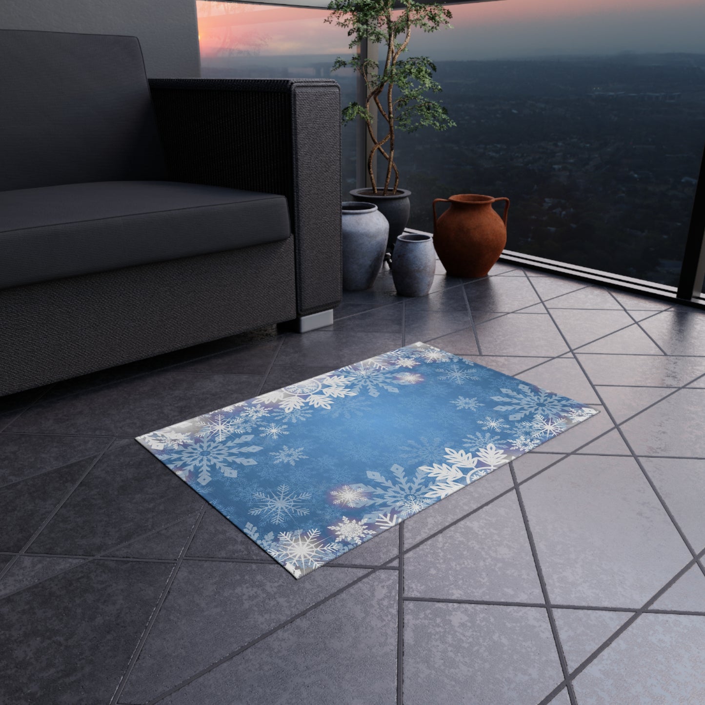 Snowflake Print Chenille Outdoor Rug with No-Skid Backing Cozy Outdoor Carpet Patio Decor Gazebo Rug Pool Area Decor Outdoor Kitchen Carpet