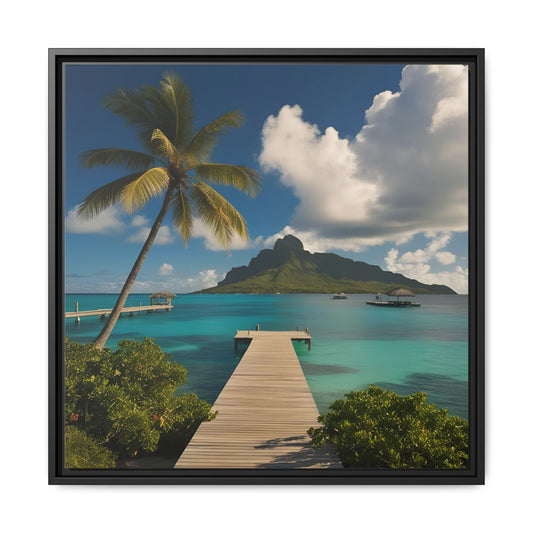 Tropical Island Calm Sunny Day Framed Canvas Wall Art Volcano Beach Vacation Oceanic Gift Nature Lover Peaceful Zen Gift 3 frame colors