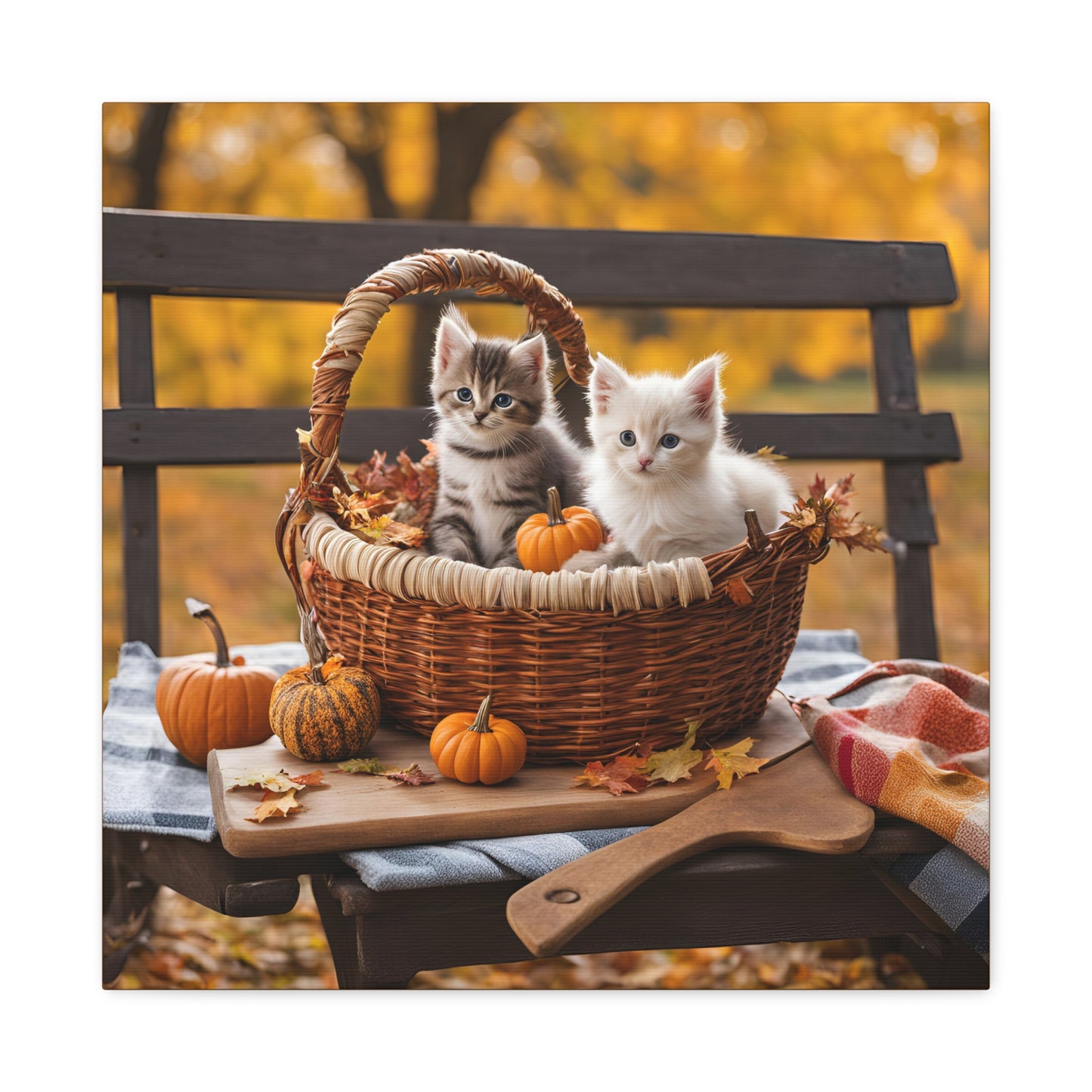 Kittens in Basket Fall Print Wall Art | Matte Canvas, Stretched, 1.25" | Cat Lover | Autumn | Pumpkins |