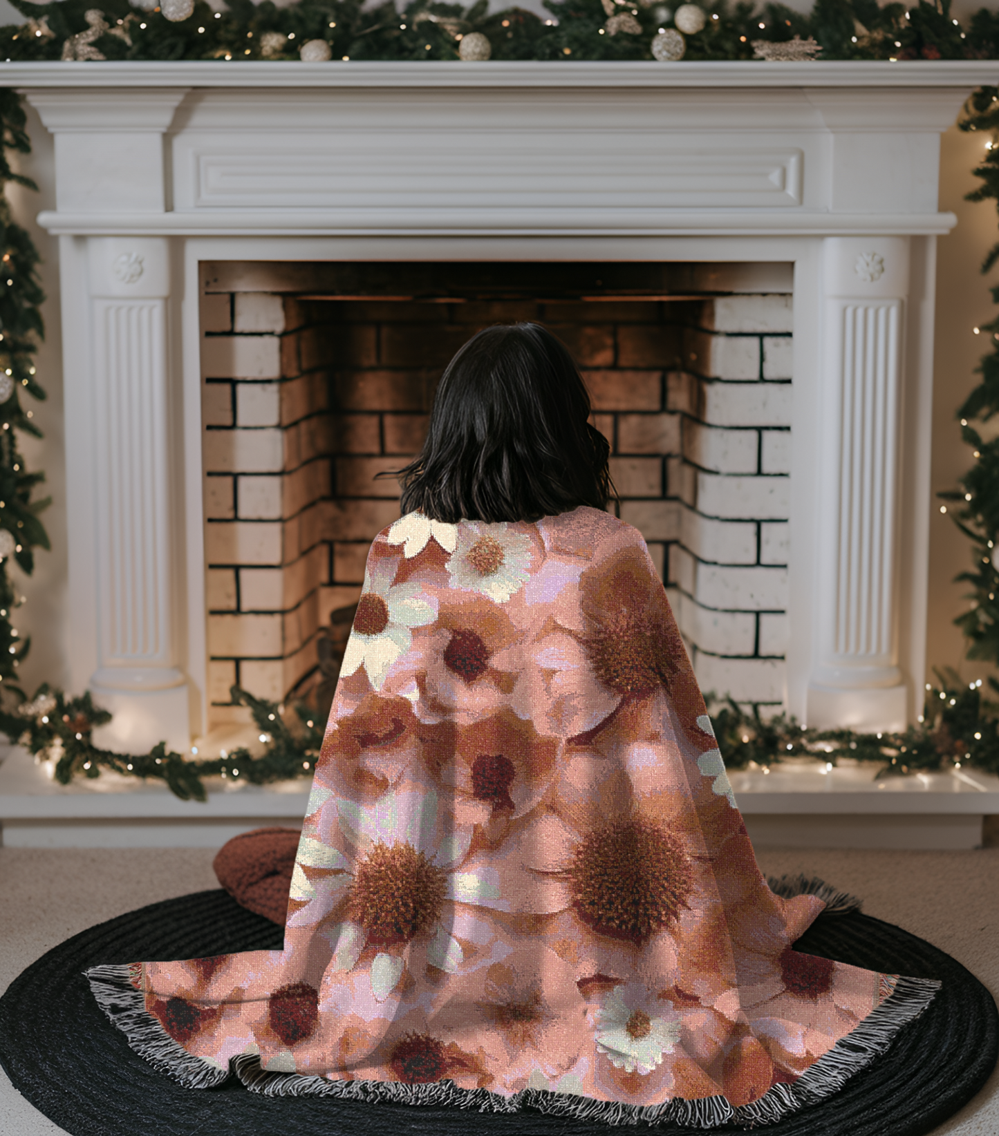 Pink Daisies Cozy Reading Throw for Book Lovers Cotton Woven Fringed Picnic Blanket Wall Art