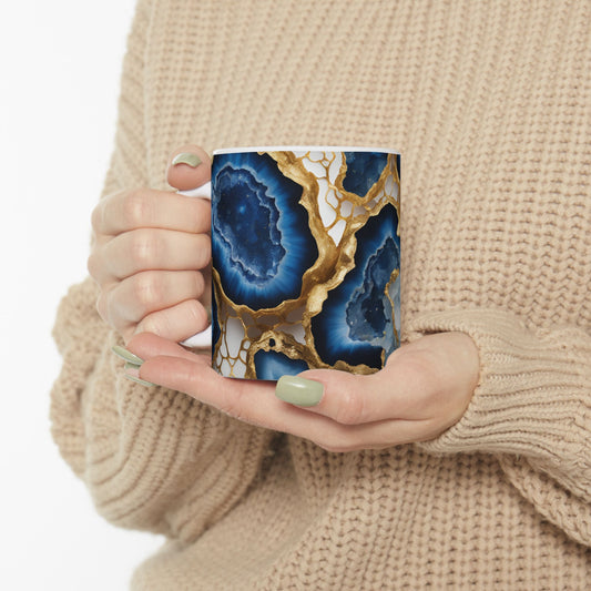 Blue and Gold Crystal Design Coffee Tea Hot Chocolate Mug Cottage Core Boho Agate Gift for Her Nature Lover Gift Geology Rock Lover Gift