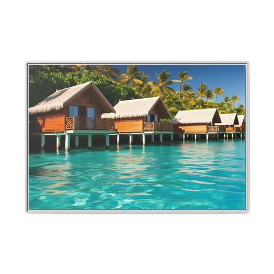Trip to Paradise Print Design Unique Framed Canvas Wall Art Gift Beachy Huts on the Water Nature Lover Contemporary Decor 3 frame colors