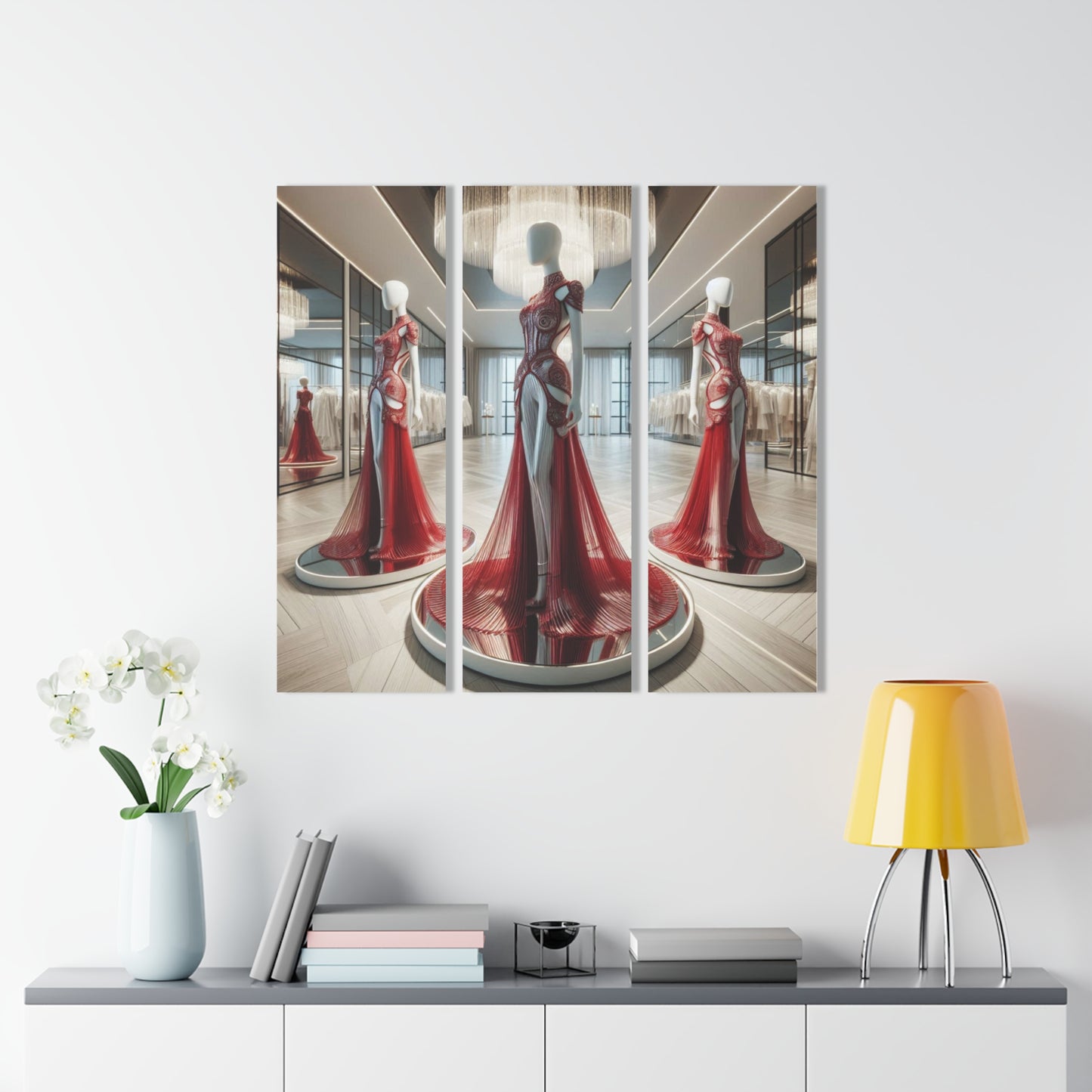 Modern Futuristic Fashion Dress Design Triptych 3-Panel Acrylic Print Wall Art Unique Haute Couture Fashionista Fantasy Style Decor