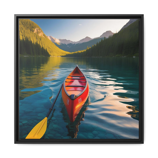 Canoe in the River Framed Canvas Wall Art Mountain Lover Outdoorsman Vacation Kayak Gift Nature Lover Peaceful Zen Gift 3 frame colors