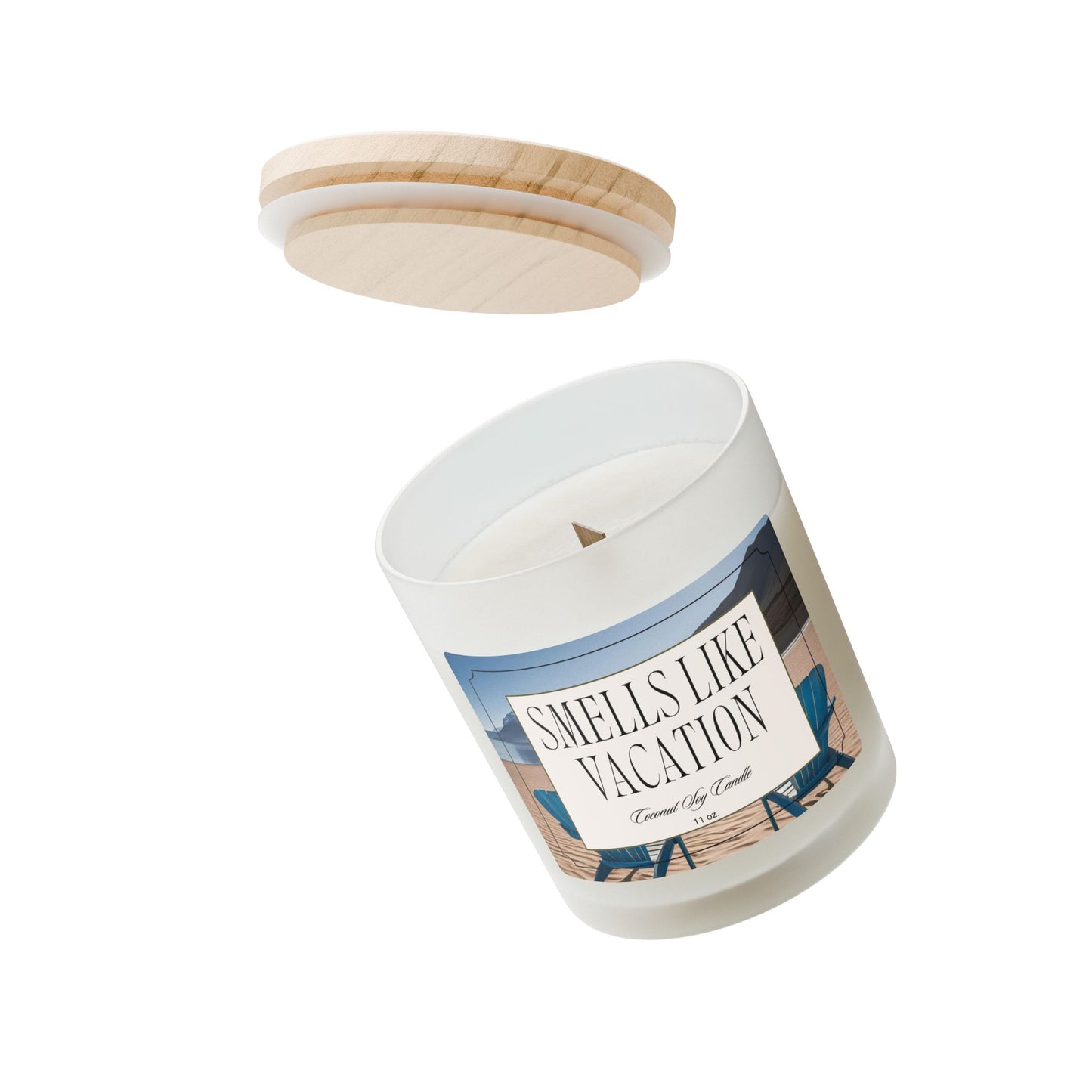 Artisanal Coconut Soy Frosted Glass Candle with Wooden Wick and Raw Maple Lid 11 oz Hand Poured Ocean Beachy Vacation Candle 50 hr burn time