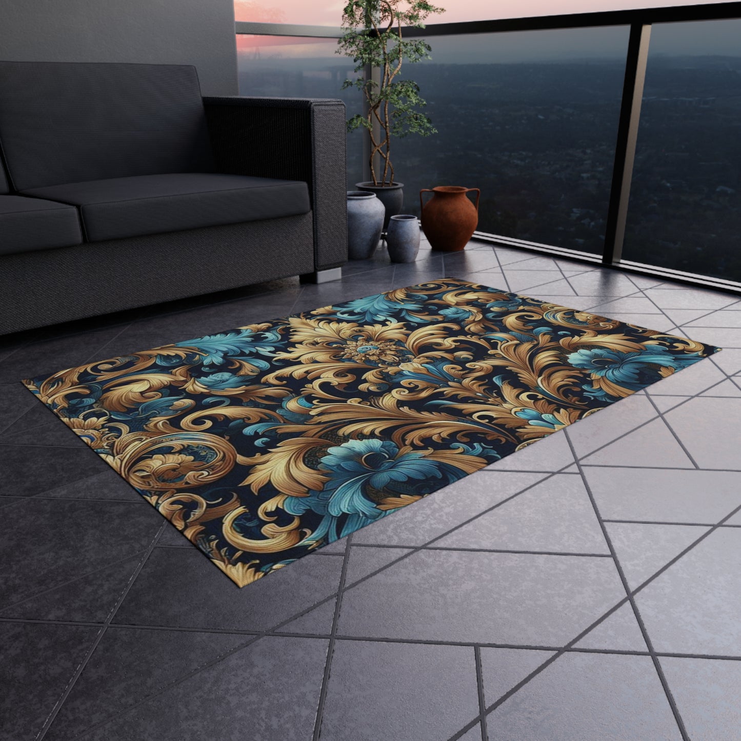 Chenille Print Pattern Outdoor Rug with No-Skid Backing Cozy Outdoor Carpet Patio Decor Gazebo Rug Pool Area Decor Outdoor Kitchen Carpet