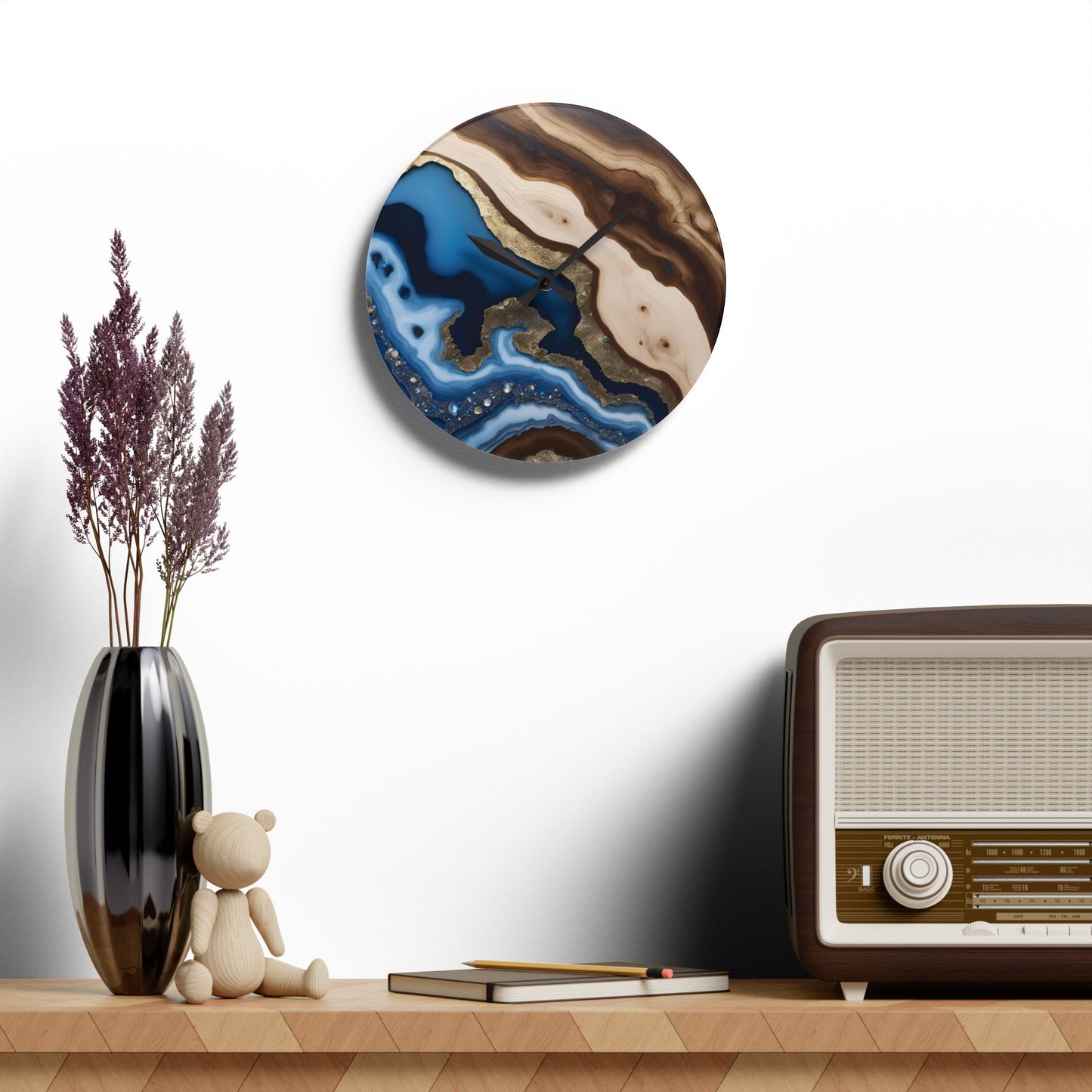 Rustic Wood-look Geode-inspired Design Acrylic Clock Unique Colorful Wall Clock for Kitchen or Living Room Nature Lover Gift