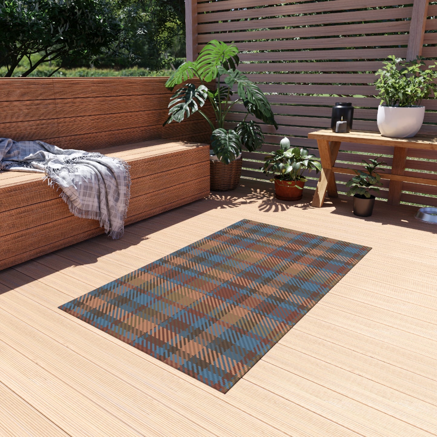 Checker Pattern Chenille Outdoor Rug with No-Skid Backing Cozy Outdoor Carpet Patio Decor Gazebo Rug Pool Area Decor Outdoor Kitchen Carpet