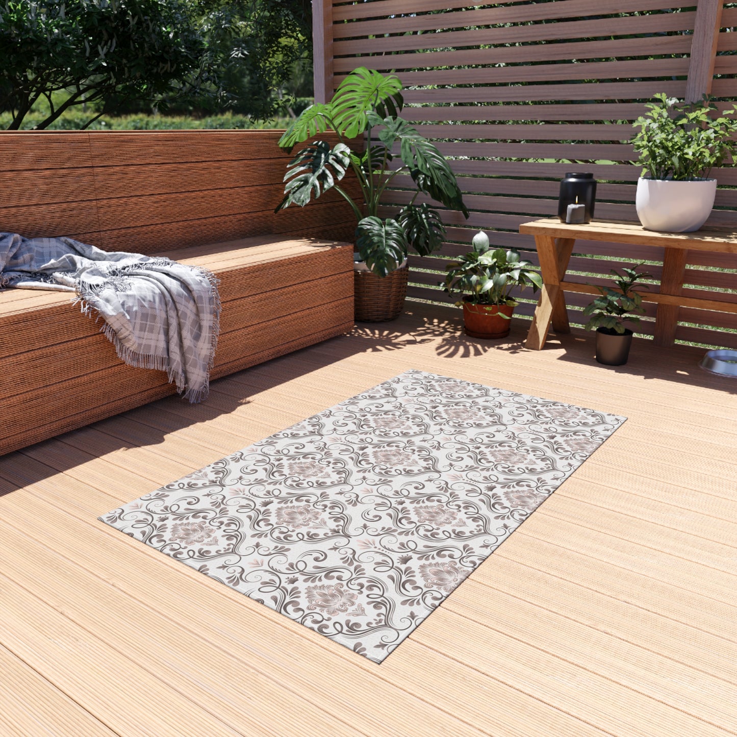 Chenille Print Pattern Outdoor Rug with No-Skid Backing Cozy Outdoor Carpet Patio Decor Gazebo Rug Pool Area Decor Outdoor Kitchen Carpet