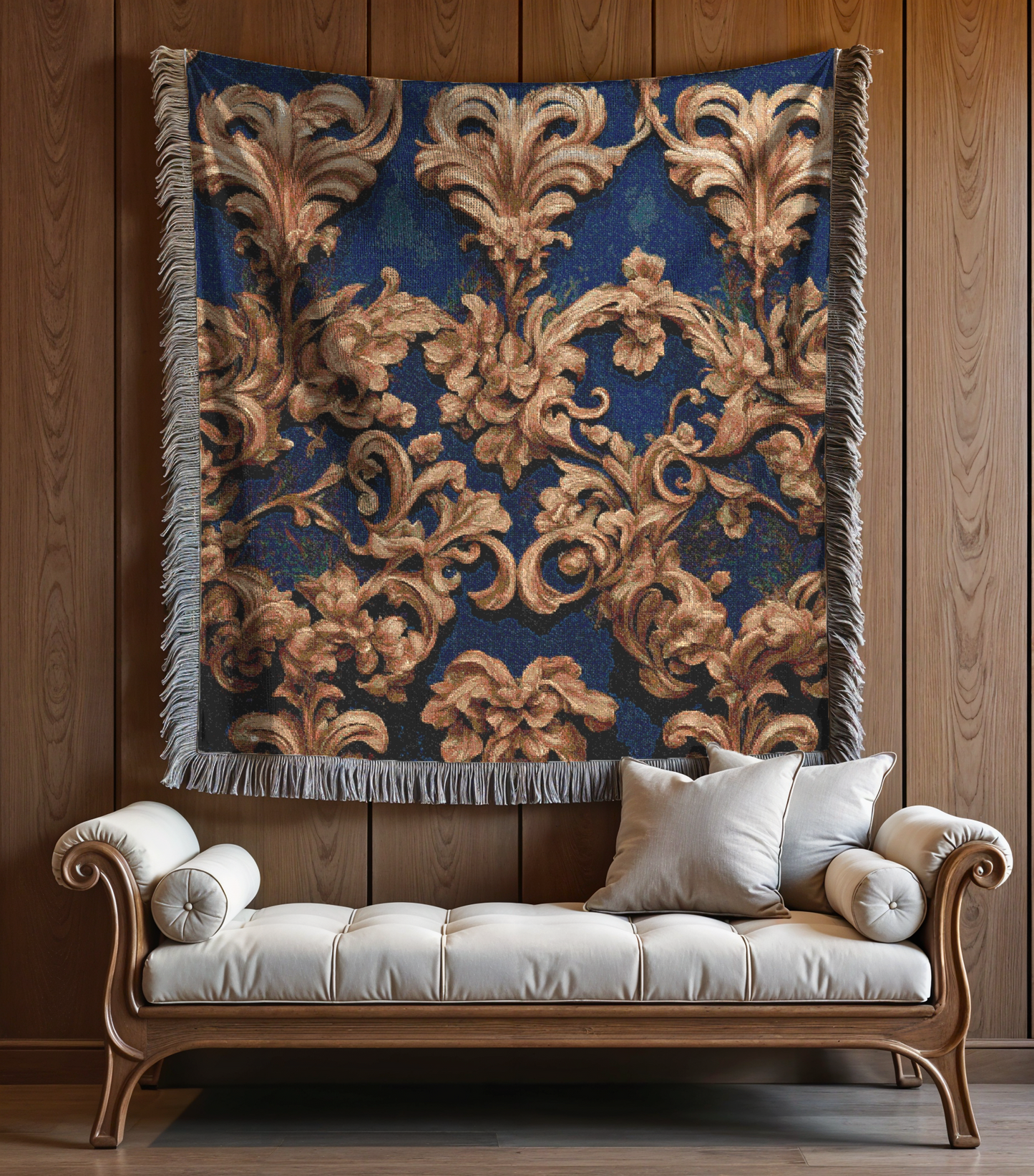 Retro Classic Damask Design Cozy Reading Throw for Book Lovers Cotton Woven Fringed Picnic Blanket Wall Art