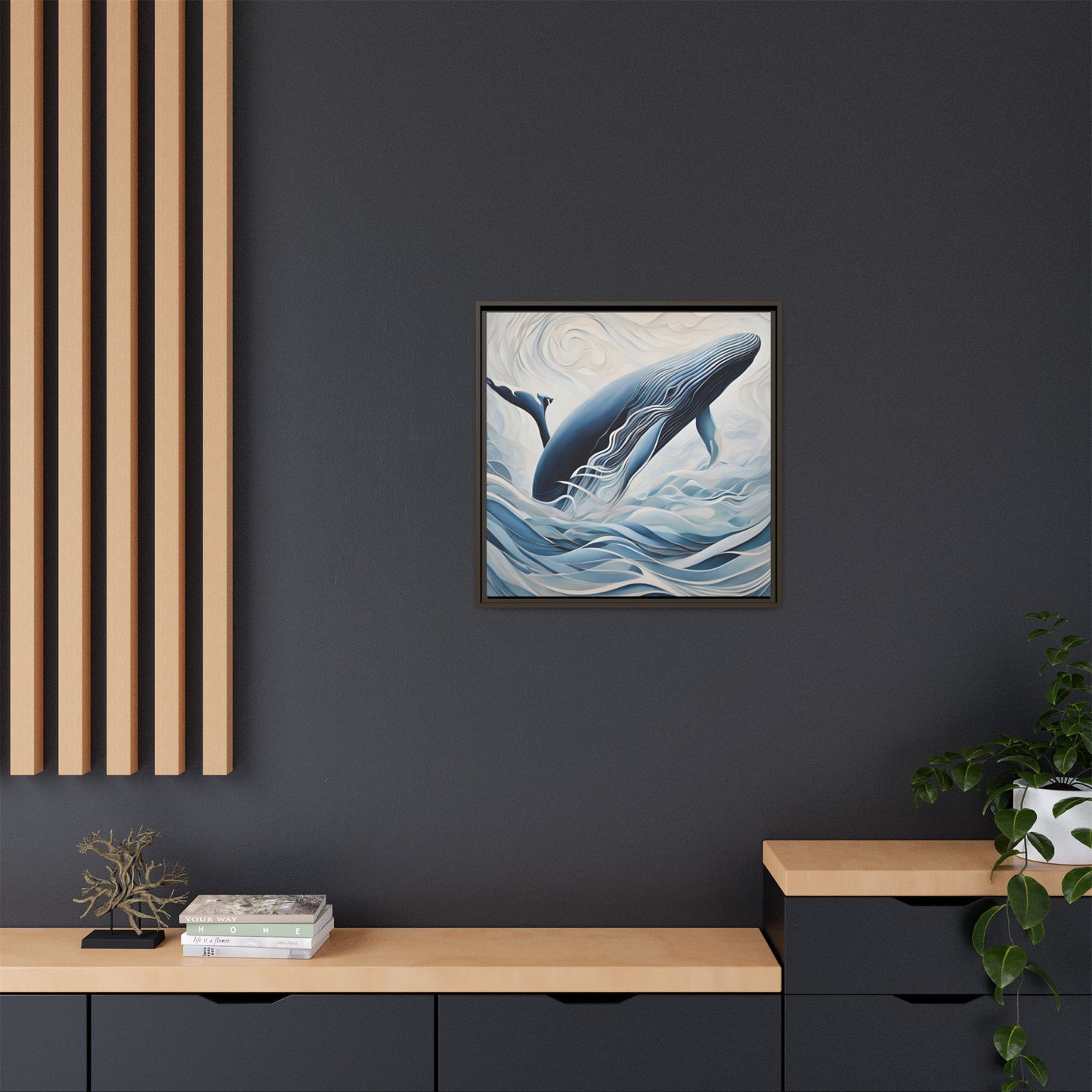 Modern Abstract Whale Wave Design Unique Framed Canvas Wall Art Ocean Beach Gift Nature Lover Gift Underwater Sea Lover Gift 3 frame colors