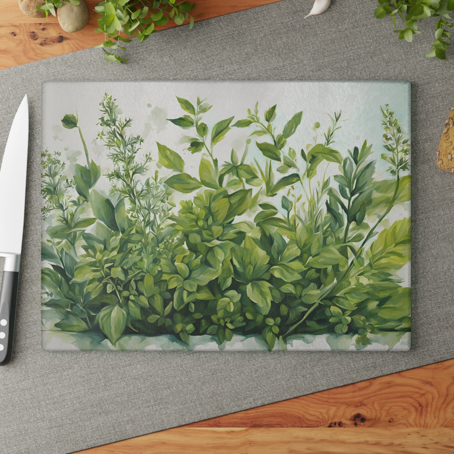 Kitchen Decor Glass Cutting Board Serving Tray with Garden Herbs Image Pattern Cutting Board Gift for Home Cook Charcuterie Board
