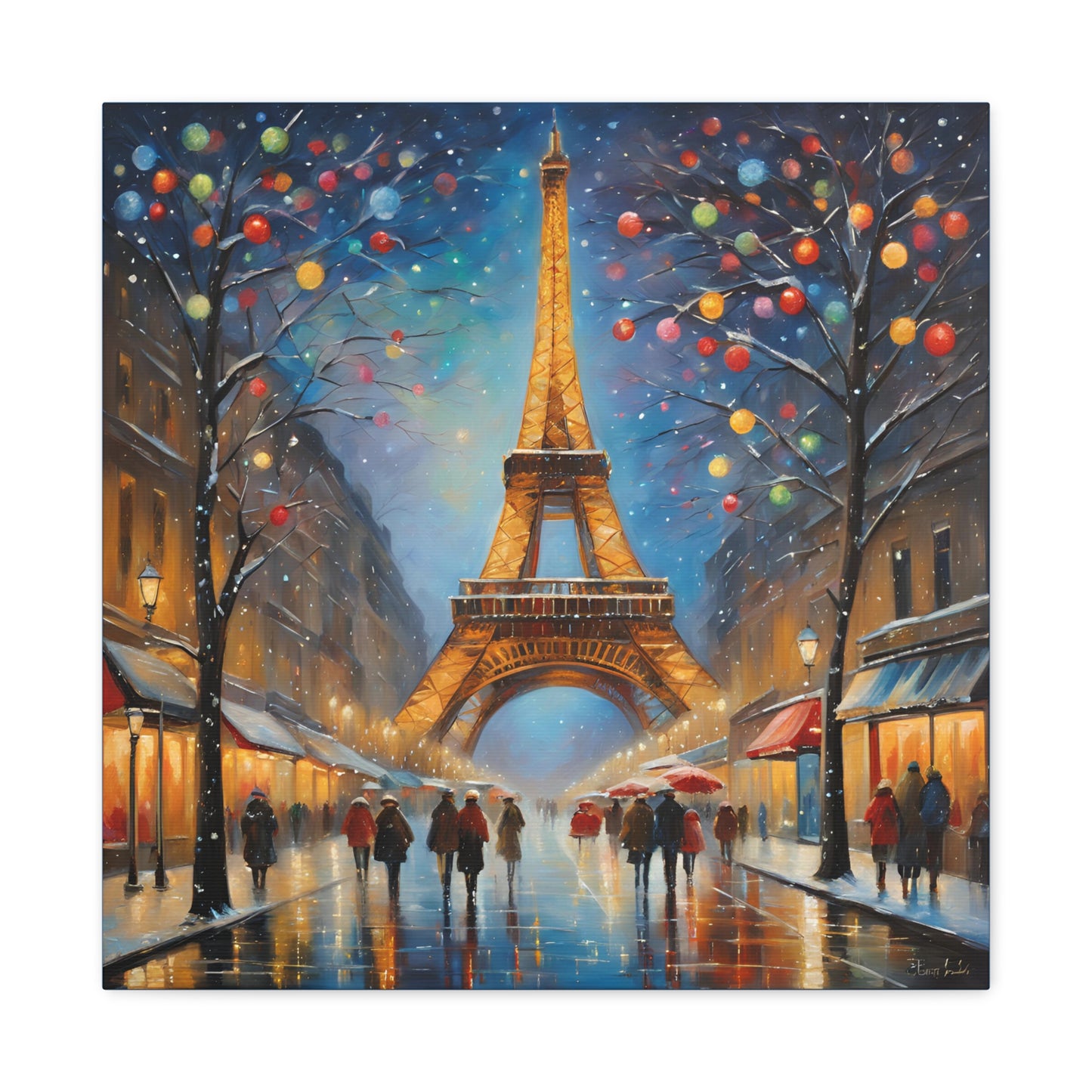 Eiffel Tower in Winter Print Wall Art Matte Stretched Canvas Paris Lover Gift France at Christmas