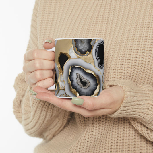 Black, White and Gold Crystal Geode Design Coffee Tea Mug Cottage Core Boho Gemologist Gift for Nature Lover Marble Rock Agate Geology Gift