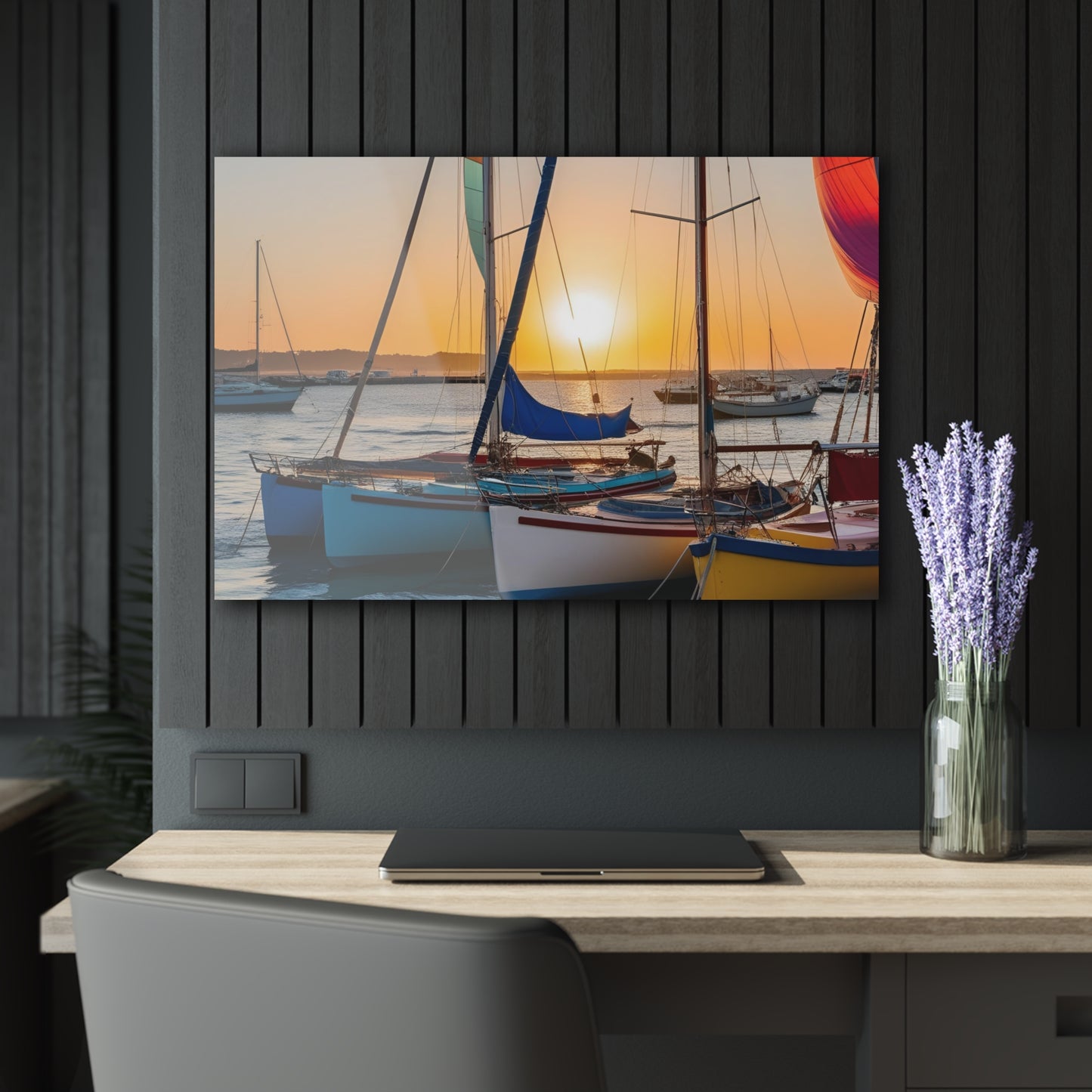 Large Sailboats in the Harbor Acrylic Print with French Cleat Mountain Life Wall Art Outdoors Gift Beachy Nature Artwork Modern Home Decor