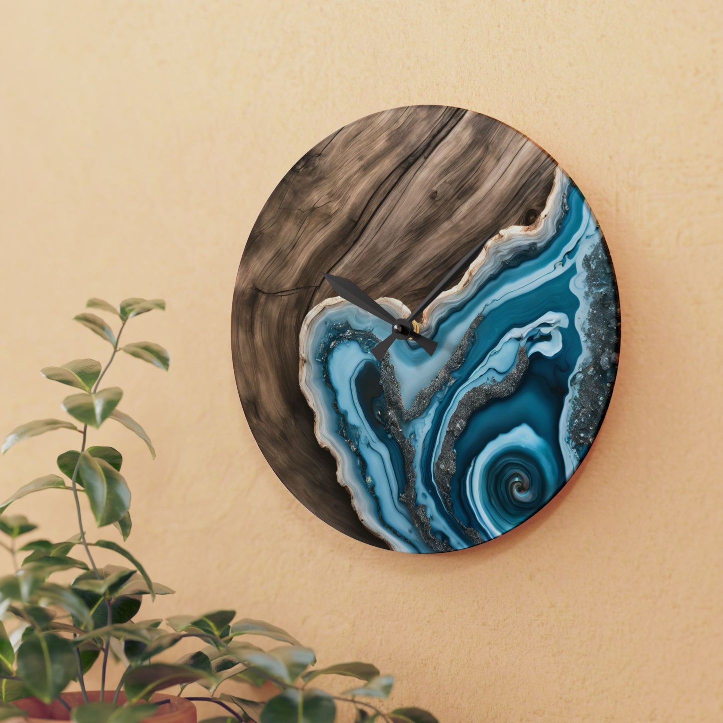 Rustic Wood-look Turquoise Geode-inspired Design Acrylic Clock Unique Colorful Wall Clock for Kitchen or Living Room Nature Lover Gift