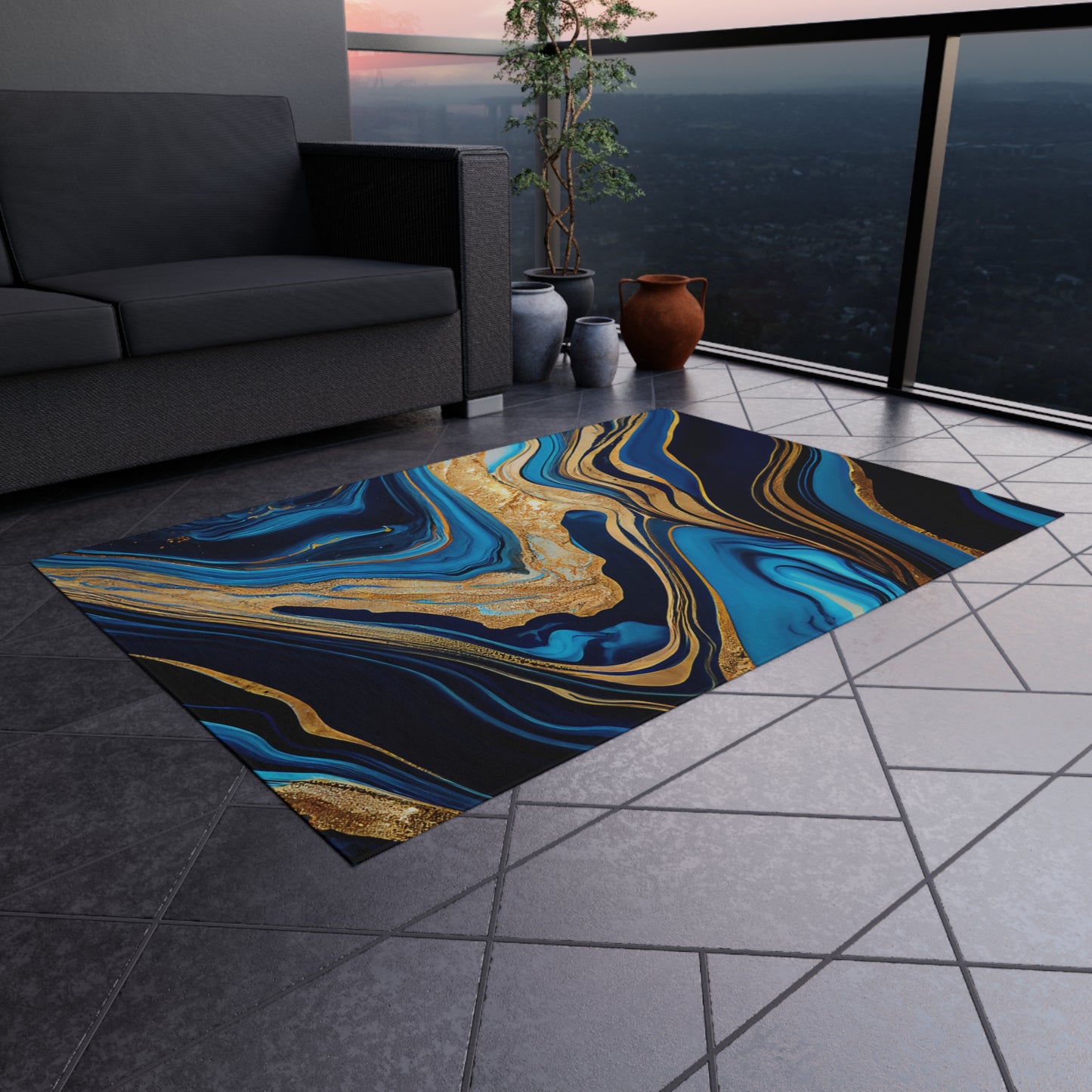 Modern Wave Design Chenille Outdoor Rug No-Skid Backing Cozy Outdoor Beachy Patio Decor Gazebo Rug Pool Area Decor Outdoor Kitchen Carpet