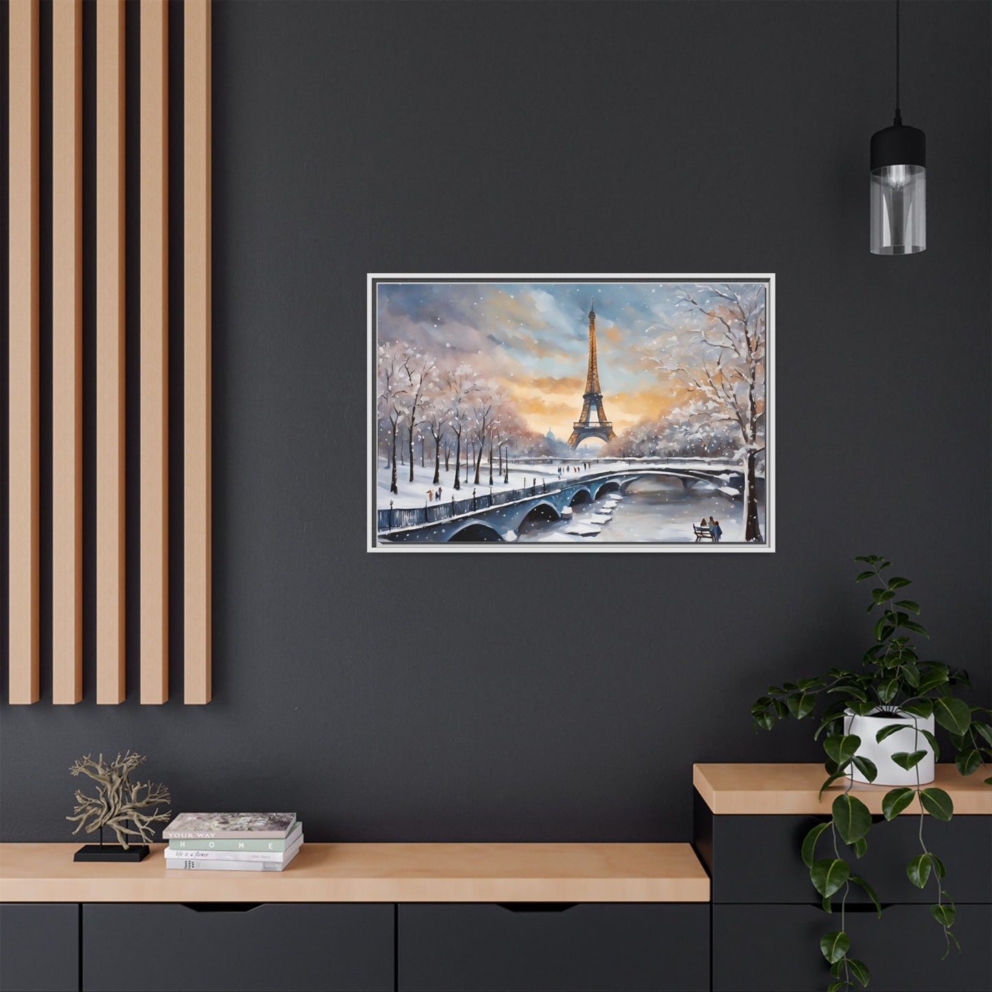 Eiffel Tower in Winter Print Wall Art Matte Stretched Canvas Paris Lover Gift Winter in France, 3 frame colors to choose from