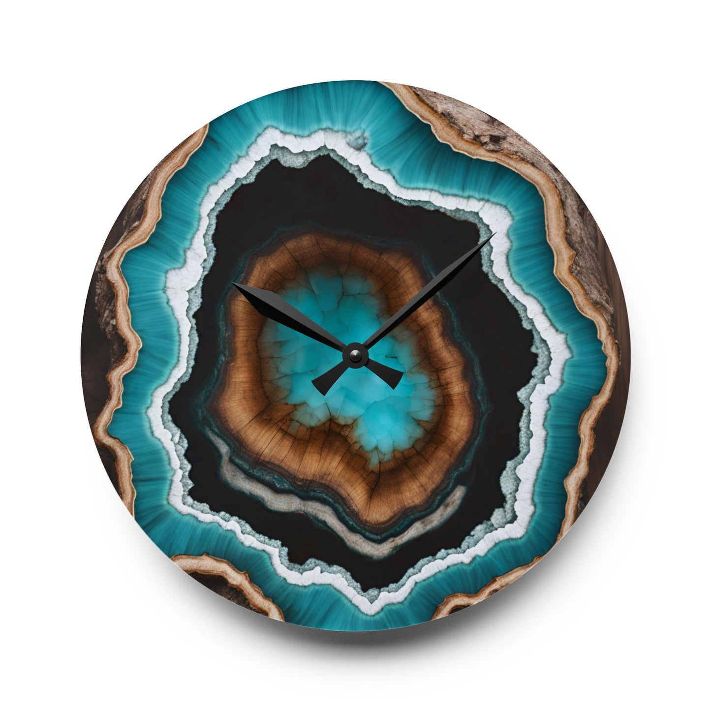 Rustic Wood-look Turquoise Geode-inspired Design Acrylic Clock Unique Colorful Wall Clock for Kitchen or Living Room Nature Lover Gift
