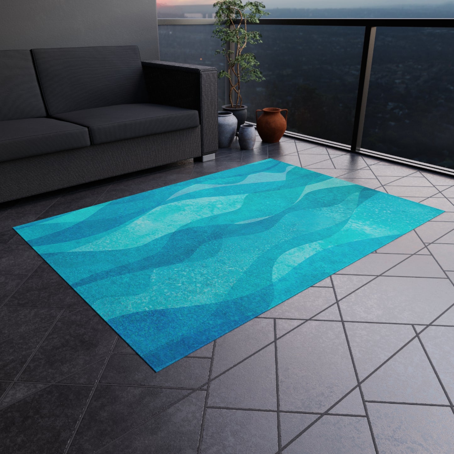 Modern Wave Design Chenille Outdoor Rug No-Skid Backing Cozy Outdoor Beachy Patio Decor Gazebo Rug Pool Area Decor Outdoor Kitchen Carpet