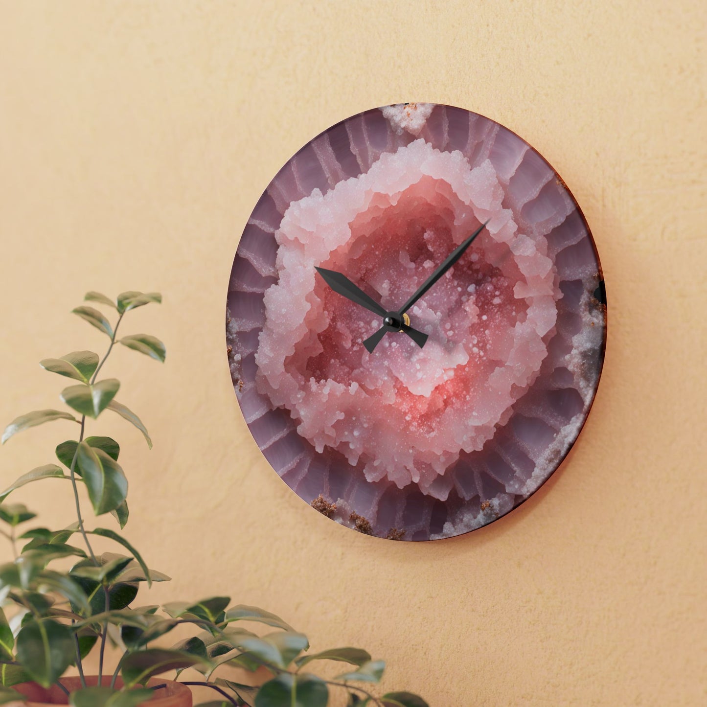 Pink Quartz Crystal Geode Unique Design Acrylic Wall Clock Agate Crystal Lover Gemologist Gift Nature Lover Rock Gift