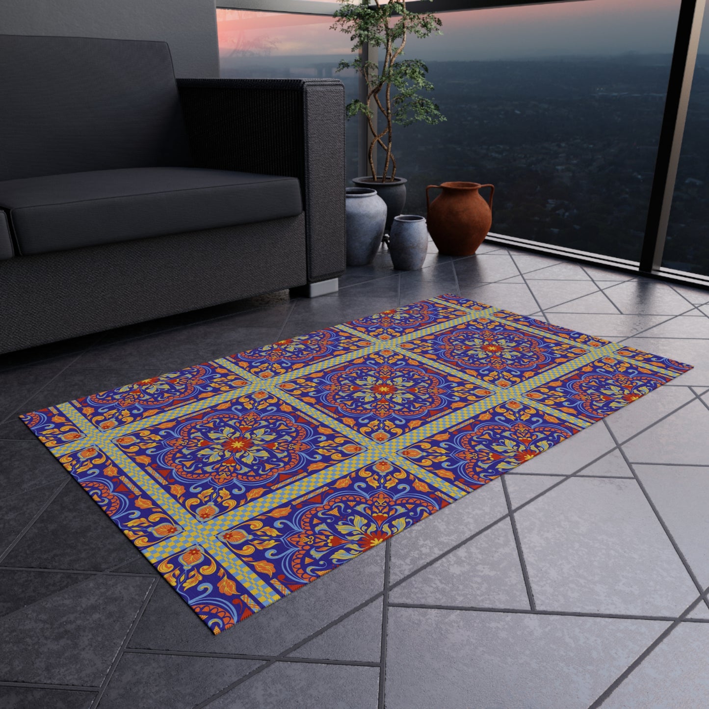 Chenille Print Pattern Outdoor Rug with No-Skid Backing Cozy Outdoor Carpet Patio Decor Gazebo Rug Pool Area Decor Outdoor Kitchen Carpet