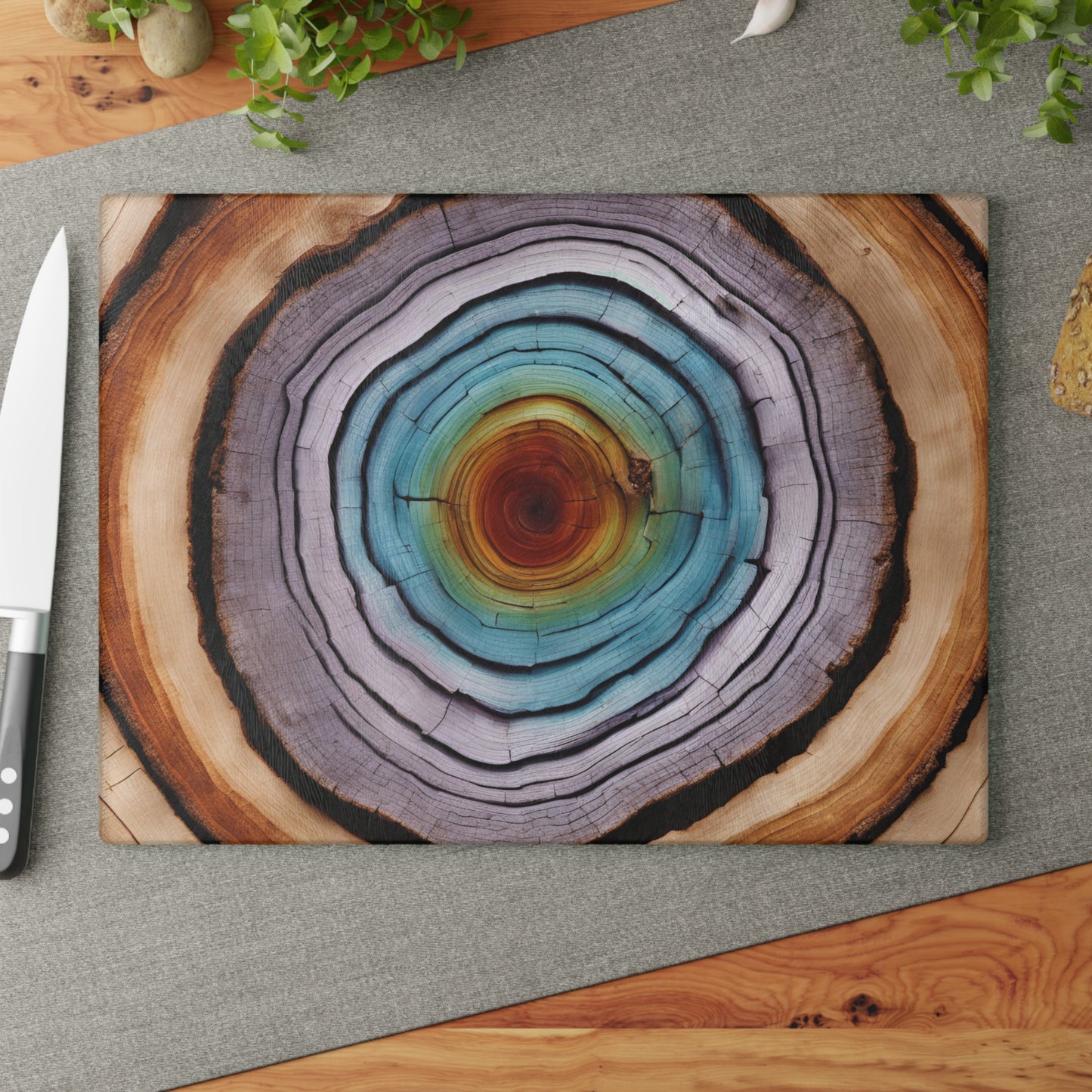 Kitchen Decor Glass Tree Ring Themed Image Unique Nature Lover Cutting Board Serving Tray Home Cook Gift Colorful Glass Charcuterie Board