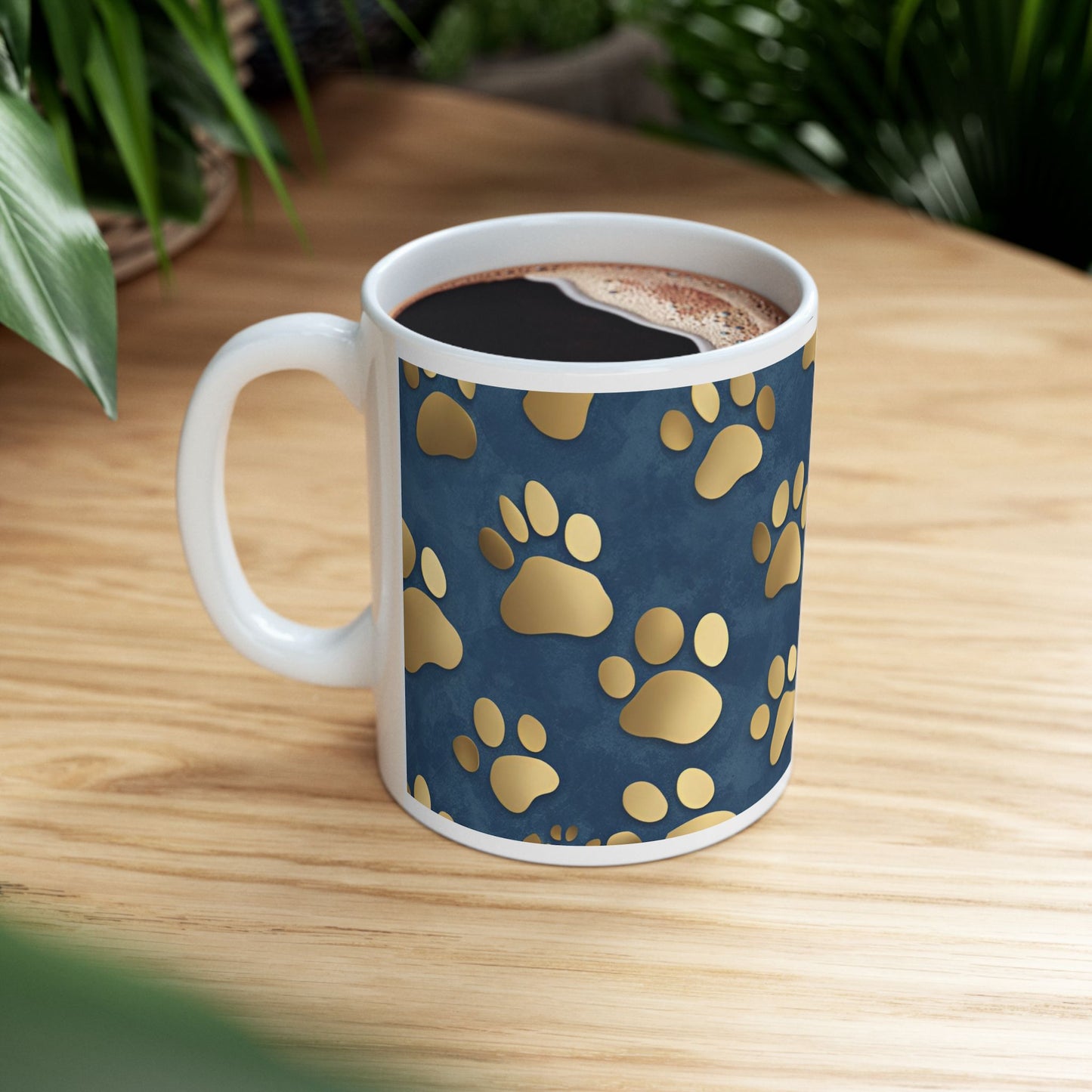 Cute Dog or Cat Paw Print Blue and Gold Ceramic Coffee Tea or Hot Chocolate Mug