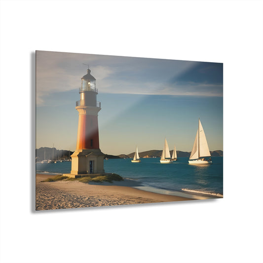 Large Sailboats and Lighthouse Acrylic Print with French Cleat Ocean Lover Wall Art Beachy Gift Nature Lover Artwork Modern Home Decor