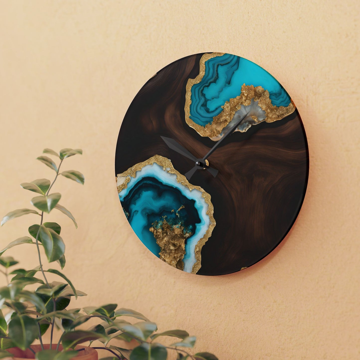 Rustic Wood-look Geode Design Acrylic Clock Unique Colorful Wall Clock for Kitchen or Living Room Nature Lover Gift