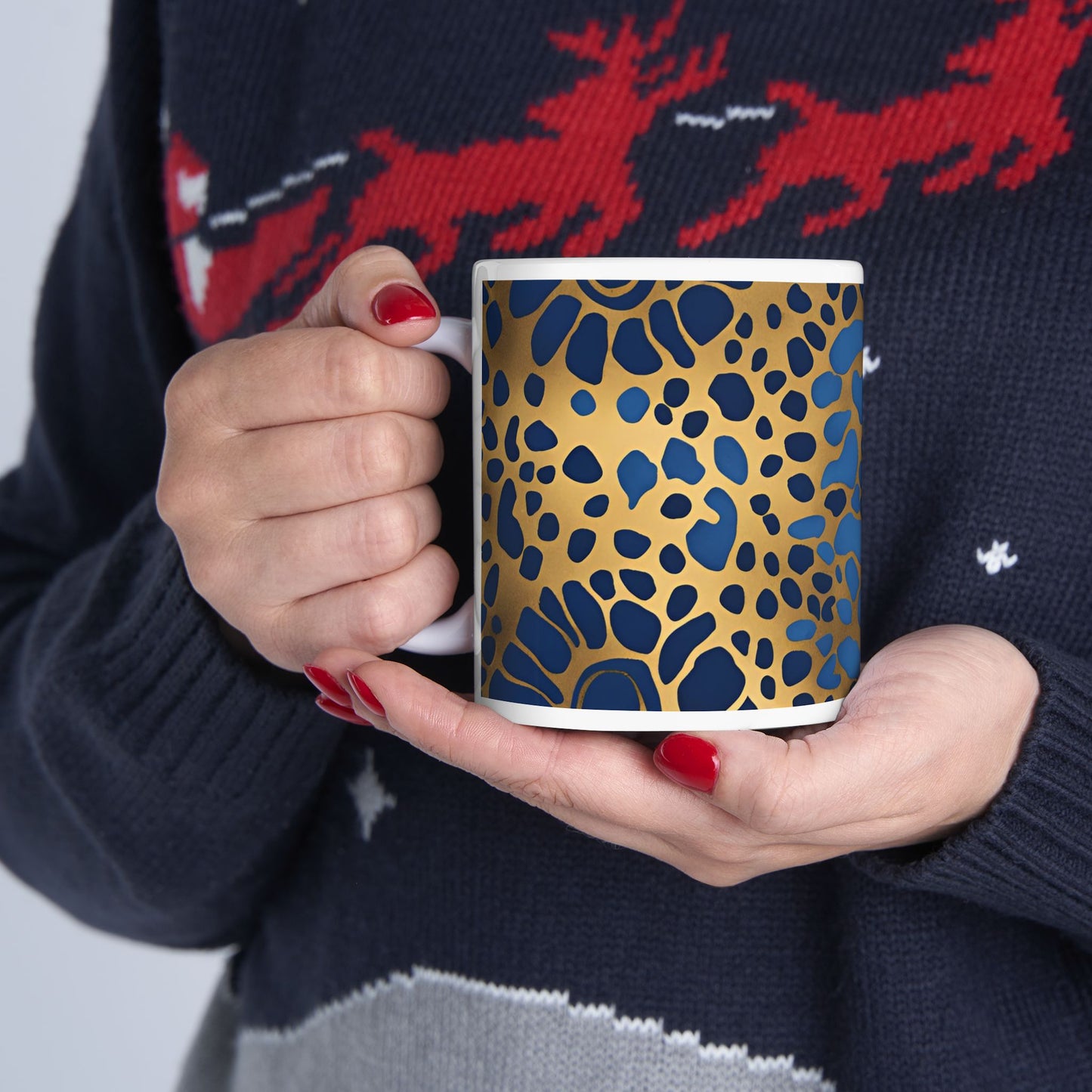 Cute Dog or Cat Paw Print Blue and Gold Ceramic Coffee Tea or Hot Chocolate Mug