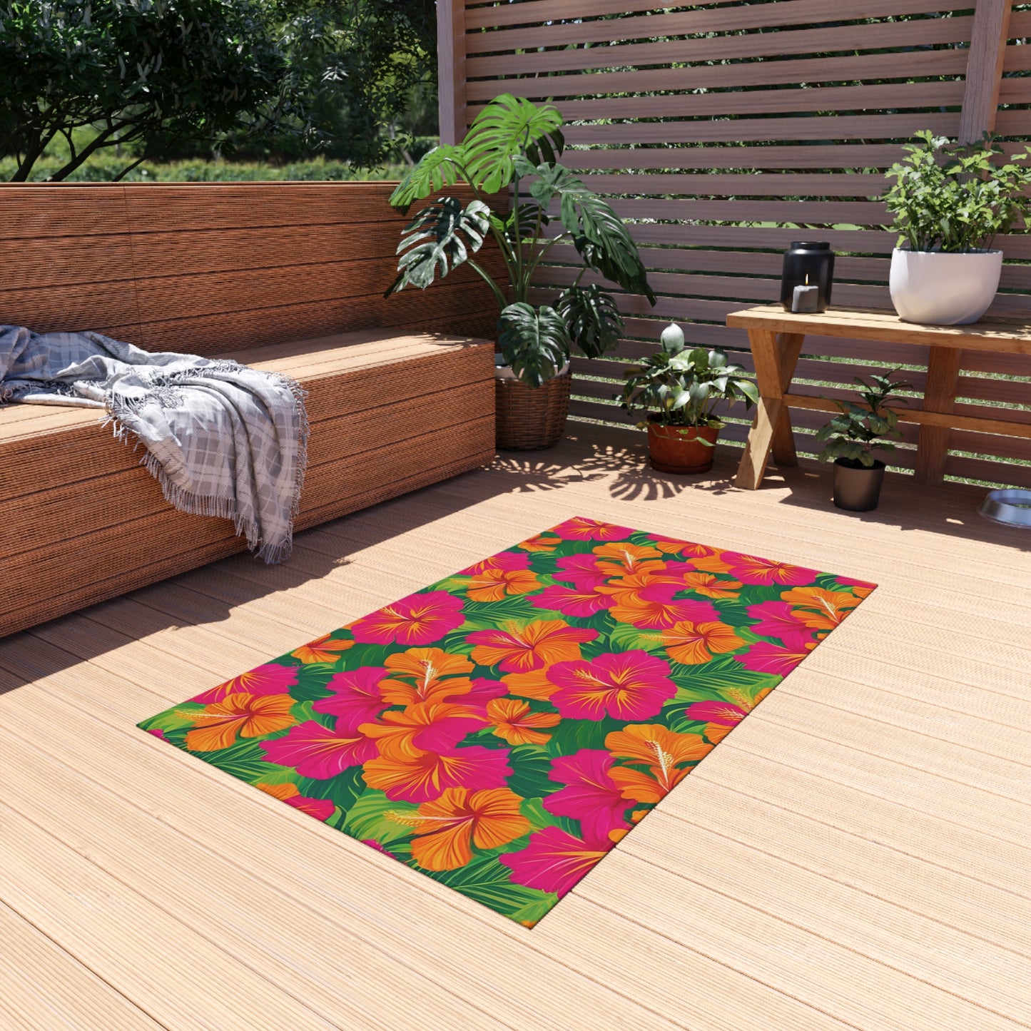 Tropical Chenille Outdoor Rug with No-Skid Backing Cozy Outdoor Carpet Patio Decor Hawaiian Floral Beachy Gazebo Rug Pool Area Decor