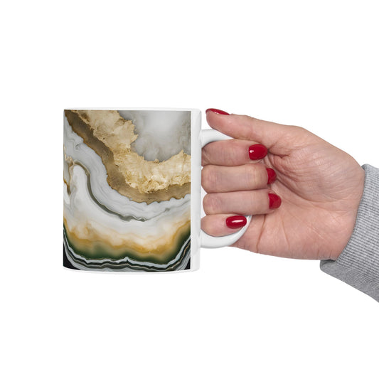 Black, White, Emerald Green and Gold Crystal Marble Design Coffee Tea Mug Boho Gemologist Gift Nature Lover Marble Rock Agate Geology Gift