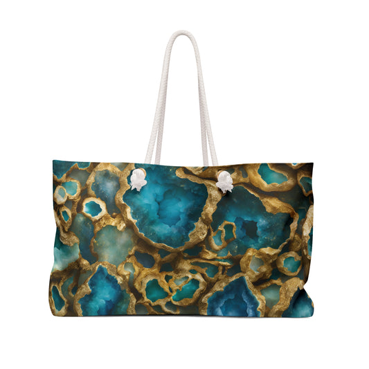 Blue and Gold Geode Design Weekender Tote Bag Gemstone Image Grocery Shopping Bag Cottage Core Rock Lover Boho Bag Geology Tote Mom Gift