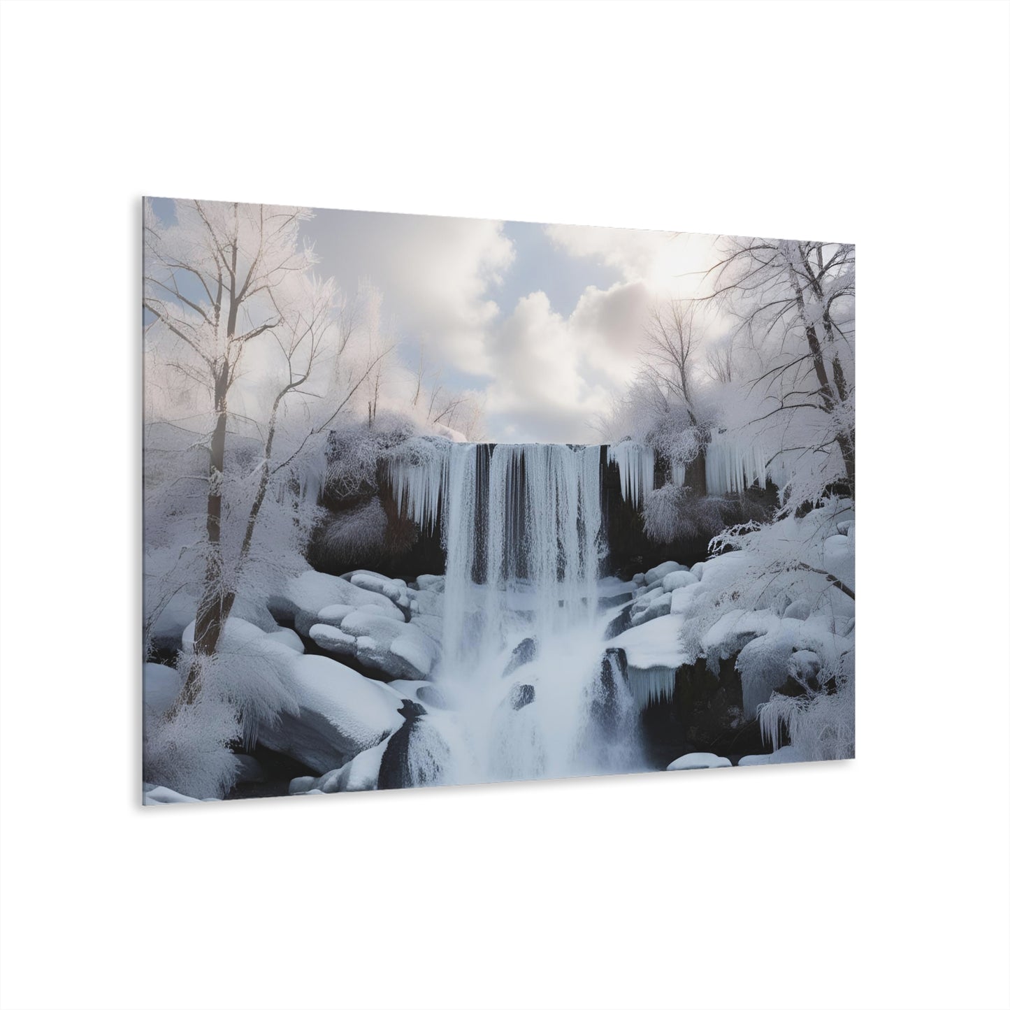 Large Snowy Waterfall Acrylic Print with French Cleat Nature Lover Wall Art Mountain Life Gift Outdoors Artwork Modern Home Decor