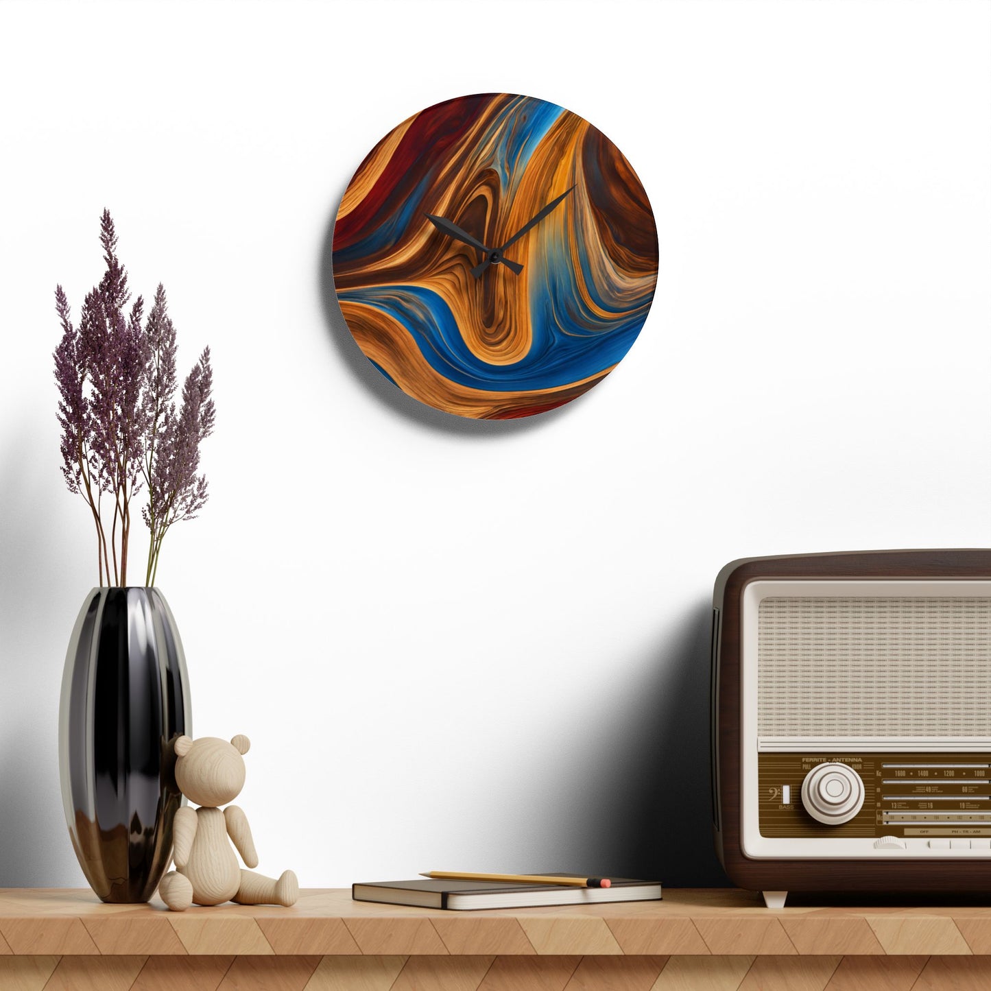 Rustic Wood-look Swirl Design Acrylic Clock Unique Colorful Wall Clock for Kitchen or Living Room Nature Lover Gift