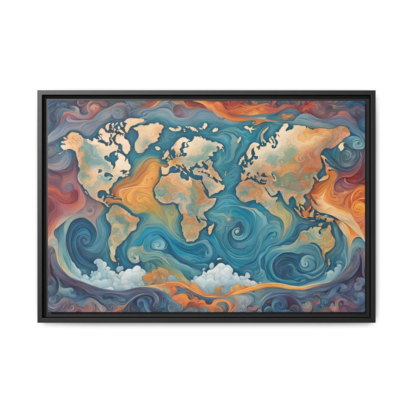 Modern Swirl Art Style Colorful Global World Map Print Matte Canvas Wall Art 3 frame colors to choose from