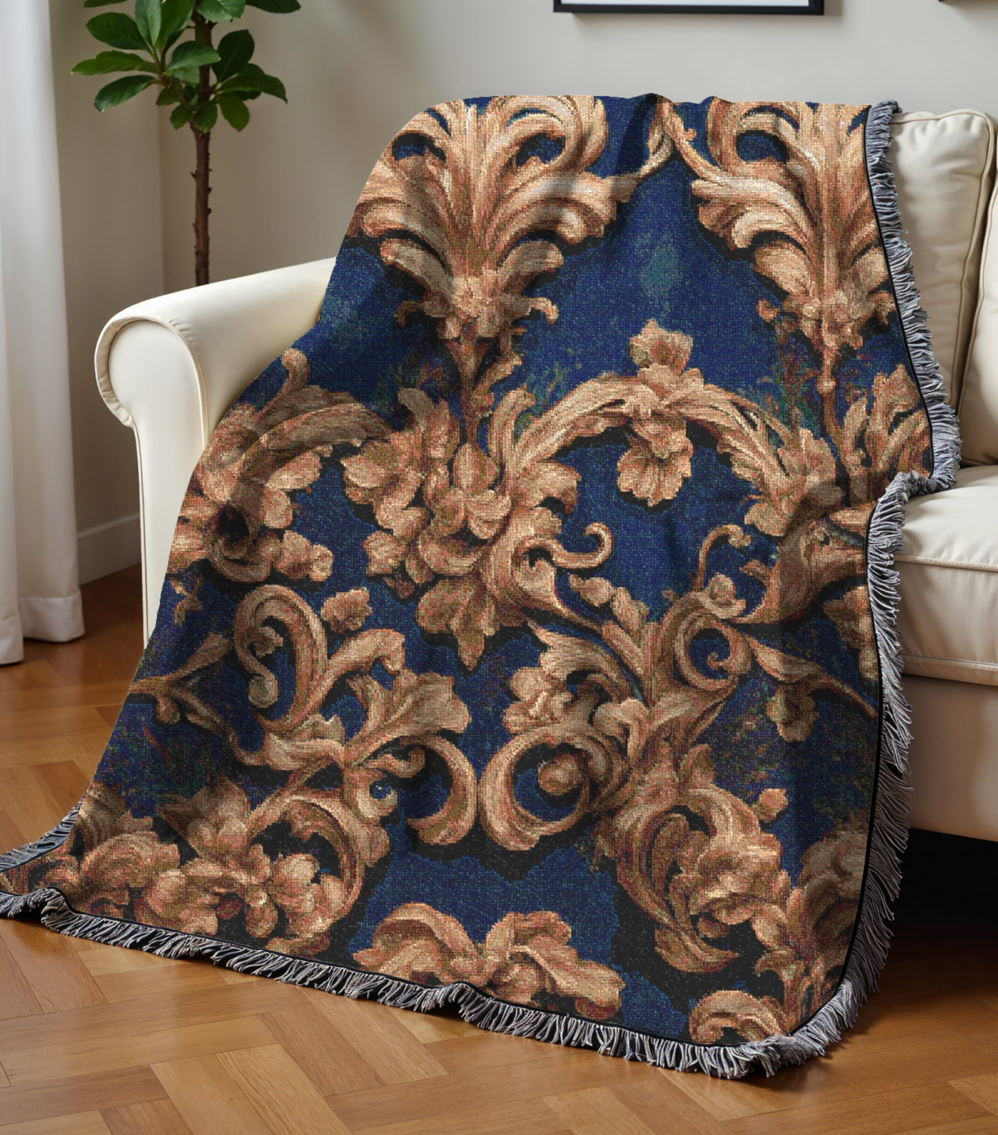 Retro Classic Damask Design Cozy Reading Throw for Book Lovers Cotton Woven Fringed Picnic Blanket Wall Art