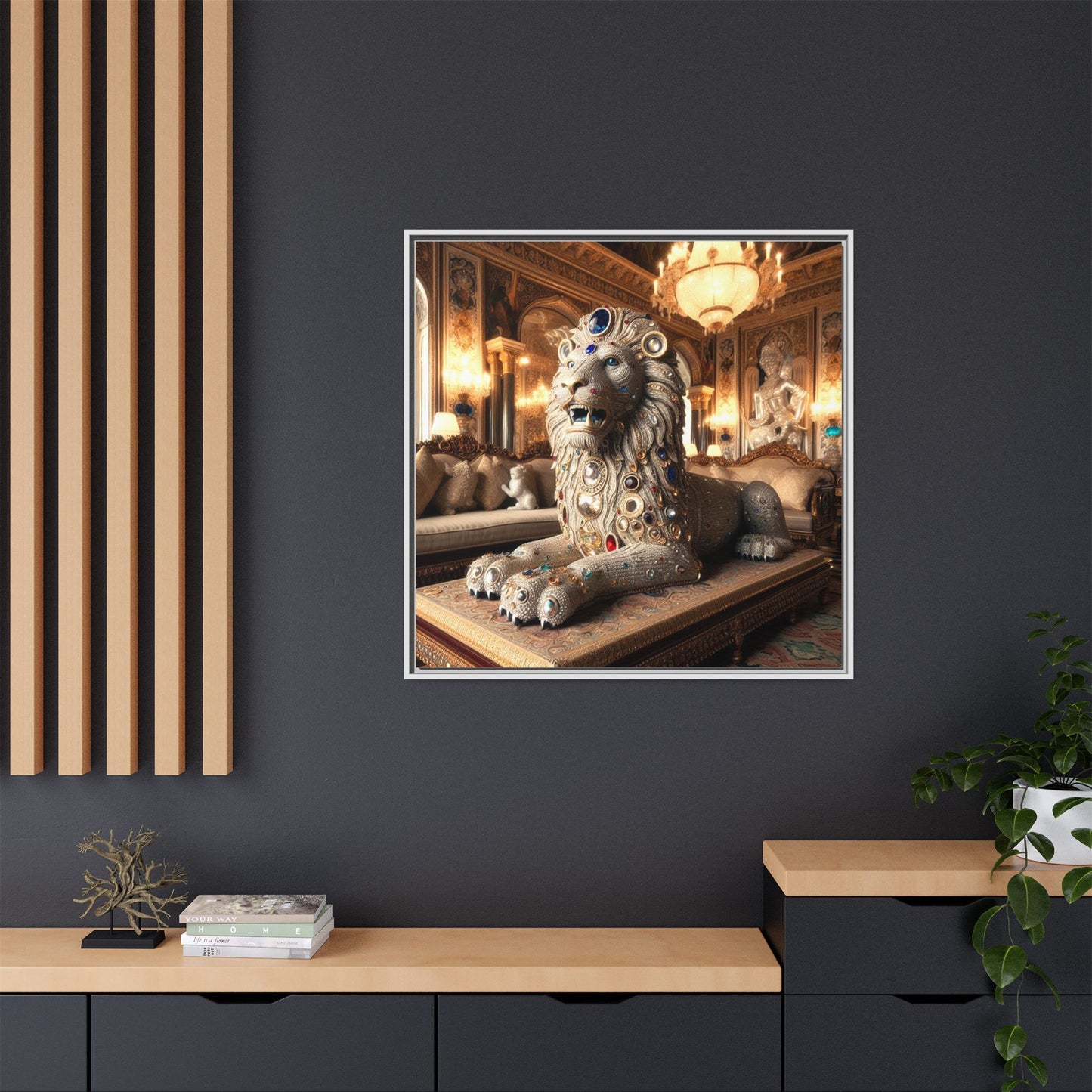 Bejeweled Lion Framed Canvas Print Wall Art Unique Fashion Designer Haute Couture Fashionista Animal Lover Gift Decor 3 Frame Colors