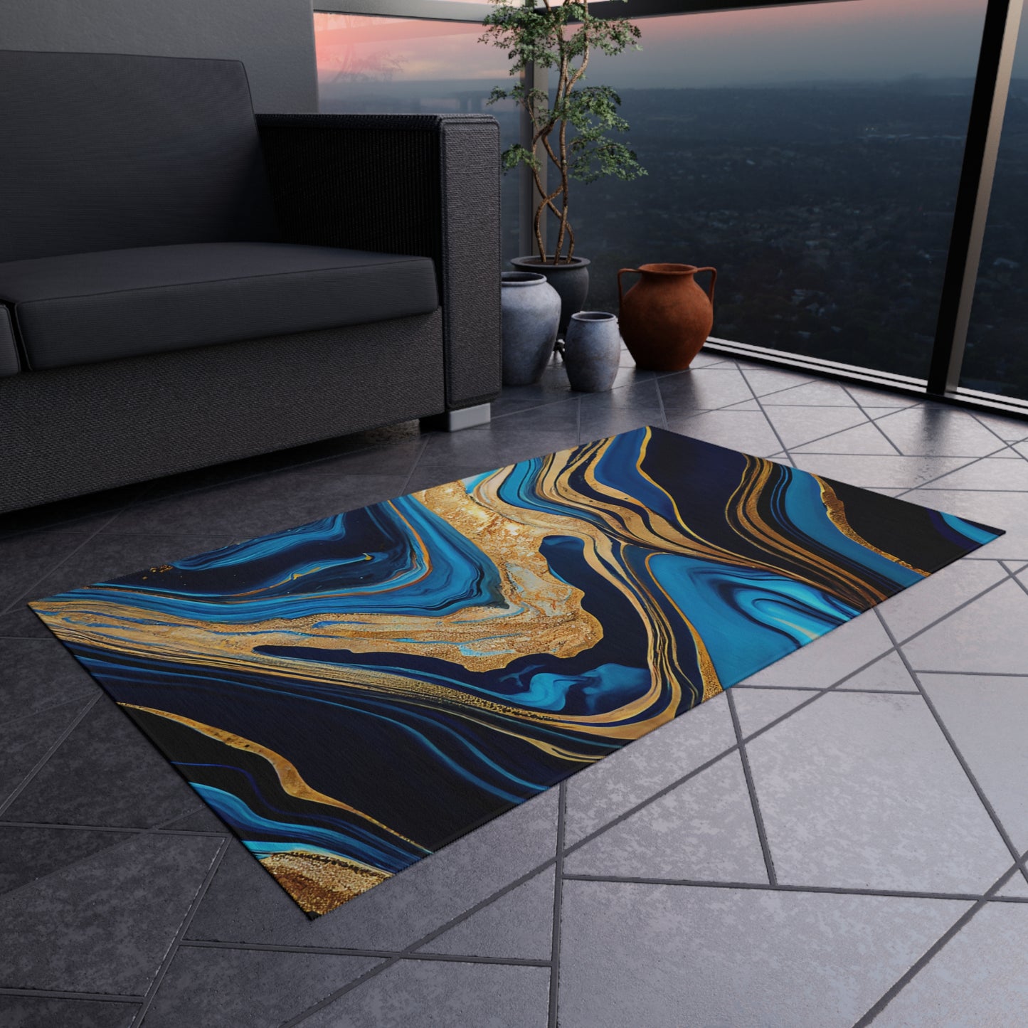 Modern Wave Design Chenille Outdoor Rug No-Skid Backing Cozy Outdoor Beachy Patio Decor Gazebo Rug Pool Area Decor Outdoor Kitchen Carpet