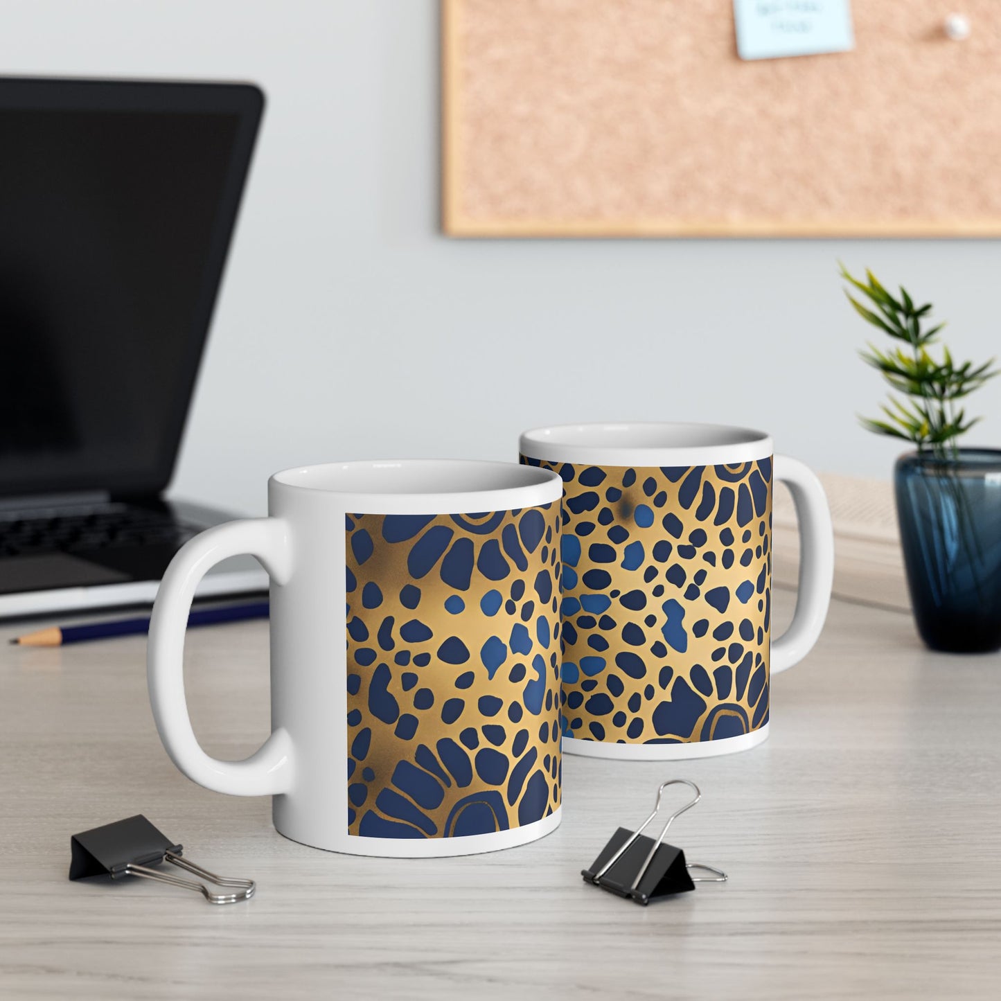 Cute Dog or Cat Paw Print Blue and Gold Ceramic Coffee Tea or Hot Chocolate Mug