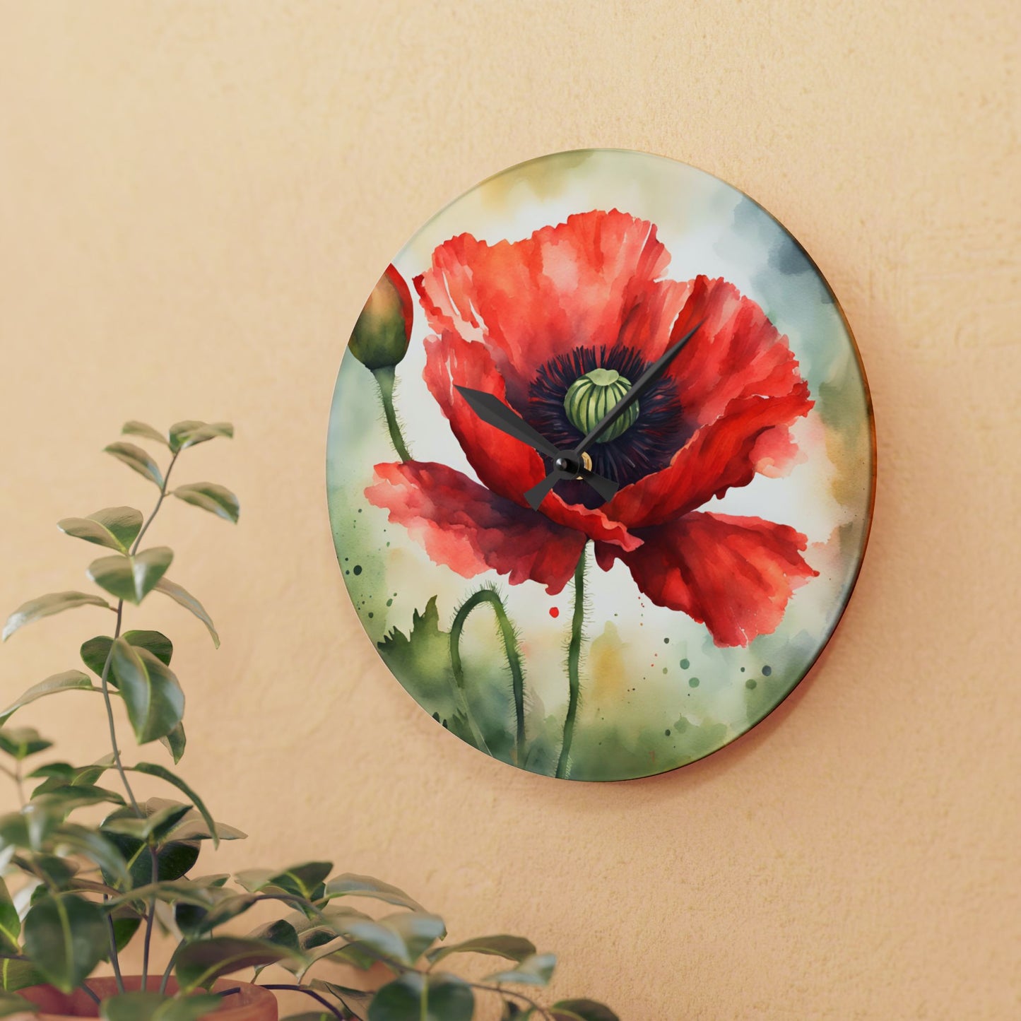Red Poppy Design Acrylic Office Clock Unique Colorful Wall Clock for Kitchen or Living Room Nature Lover Gift Flower Art Design