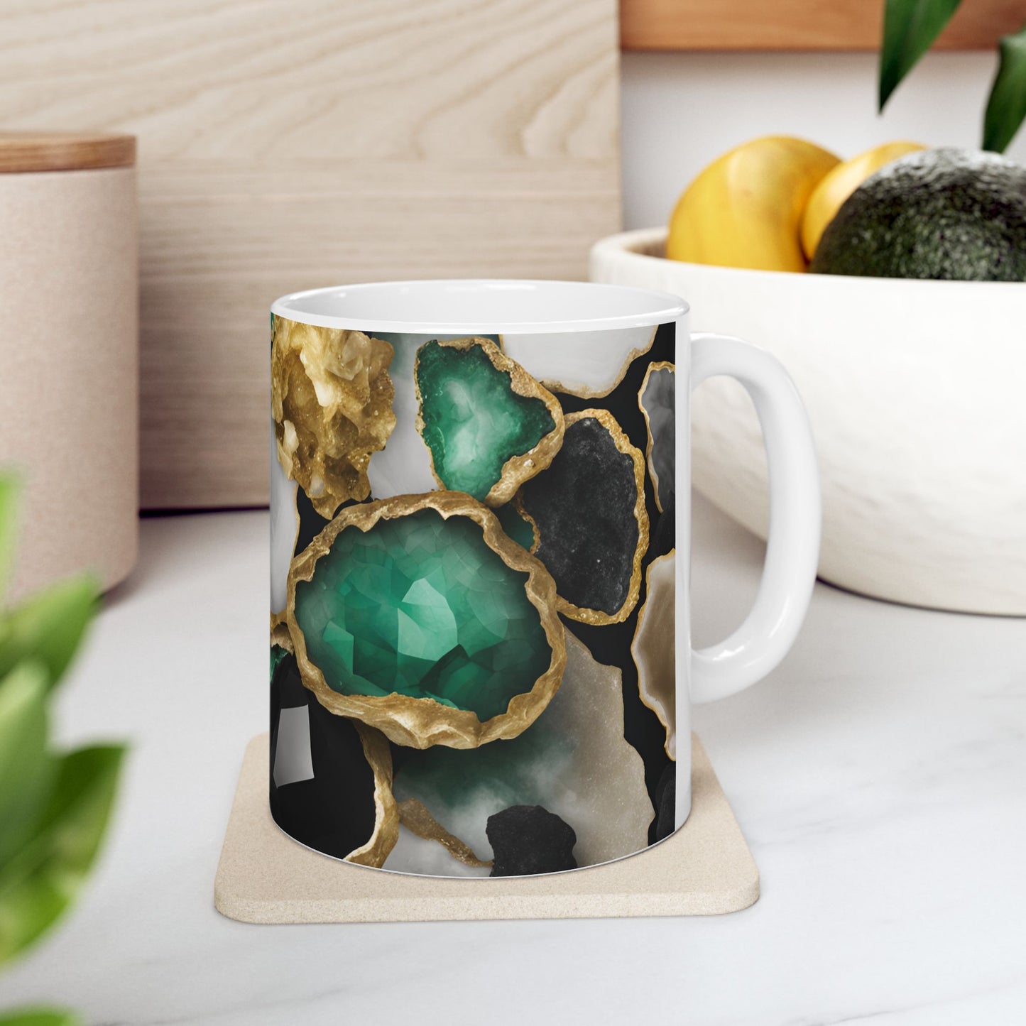 Black, White, Emerald Green and Gold Crystal Geode Design Coffee Tea Mug Boho Gemologist Gift Nature Lover Marble Rock Agate Geology Gift