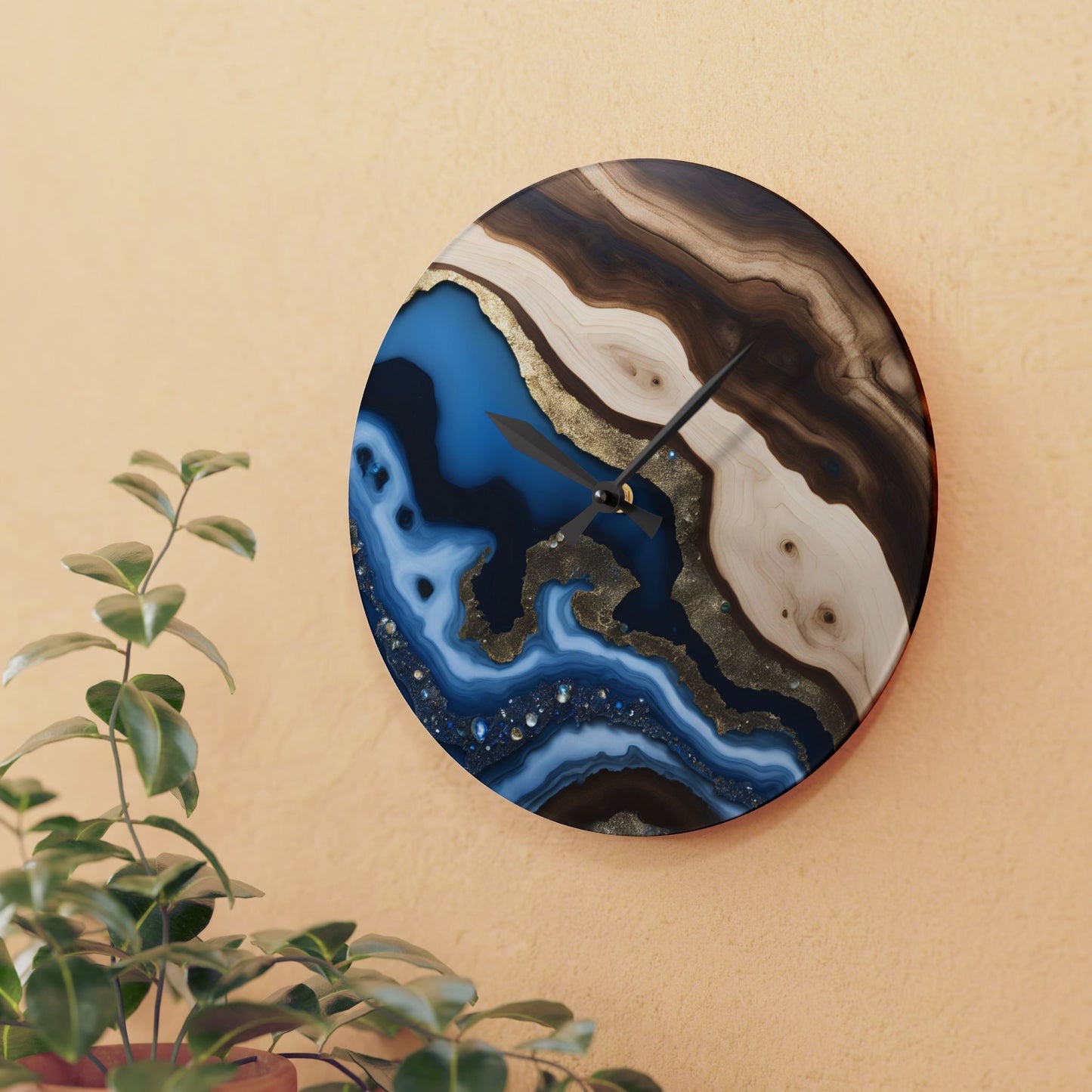 Rustic Wood-look Geode-inspired Design Acrylic Clock Unique Colorful Wall Clock for Kitchen or Living Room Nature Lover Gift