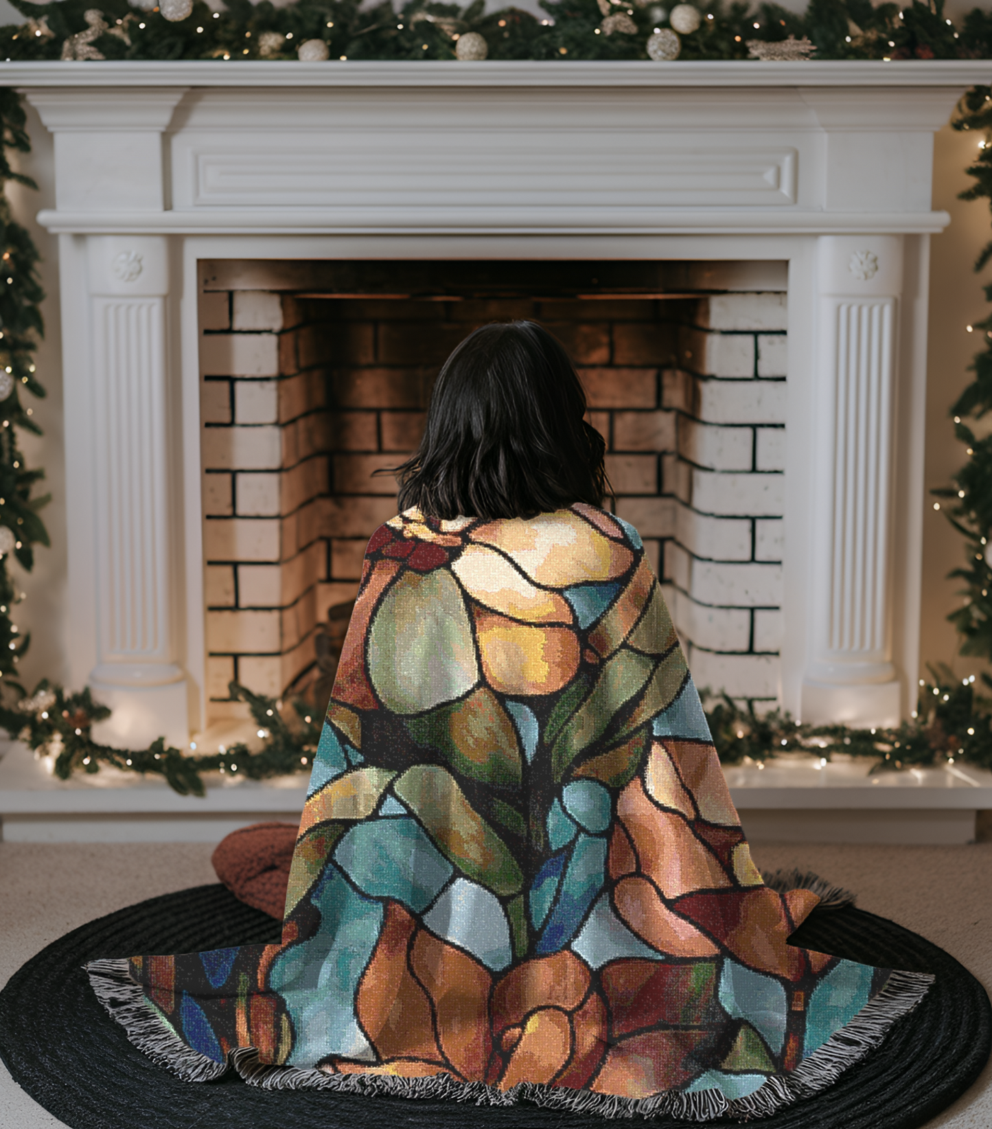 Floral Design Cozy Reading Throw for Book Lovers Cotton Woven Fringed Picnic Blanket Wall Art