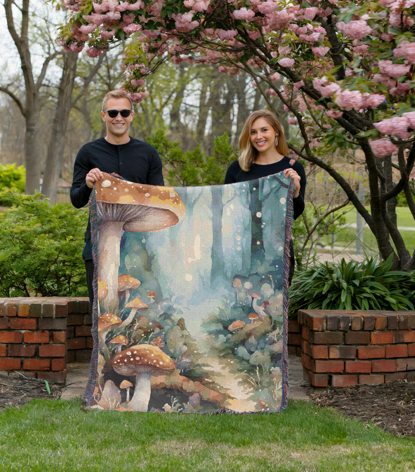 Mushroom Design Cozy Reading Throw for Book Lovers Cotton Woven Fringed Picnic Blanket Fantasy Wall Art