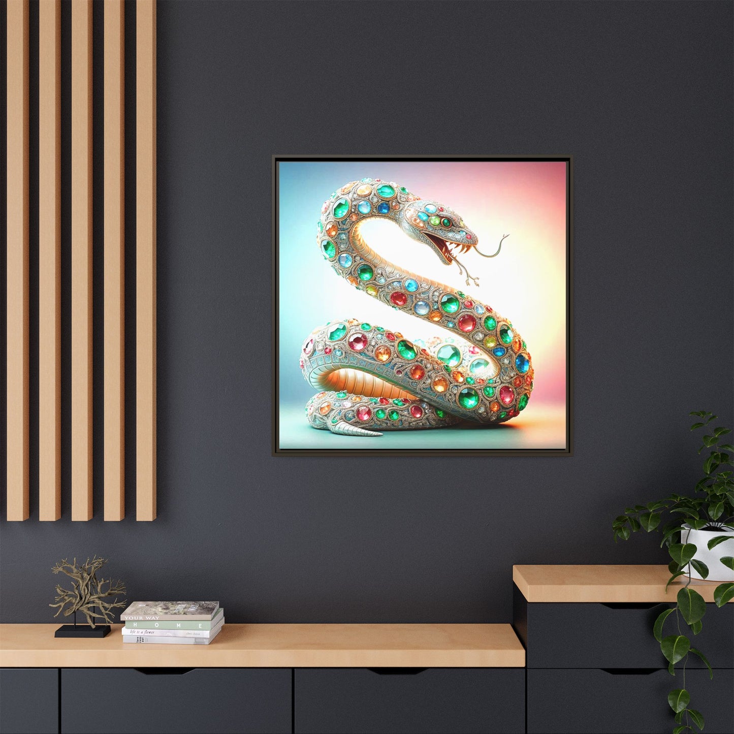 Bejeweled Snake Framed Canvas Print Wall Art Unique Fashion Designer Haute Couture Fashionista Animal Lover Gift Decor 3 Frame Colors
