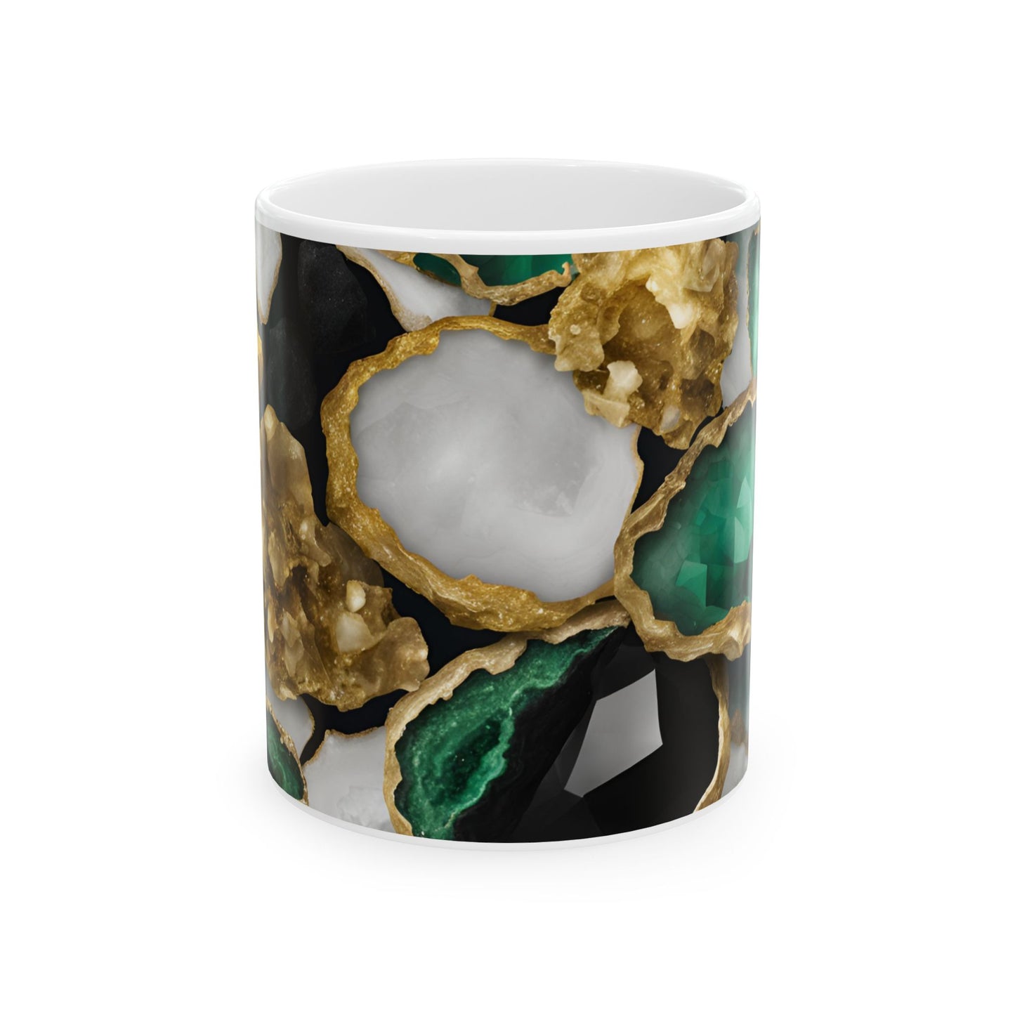 Black, White, Emerald Green and Gold Crystal Geode Design Coffee Tea Mug Boho Gemologist Gift Nature Lover Marble Rock Agate Geology Gift