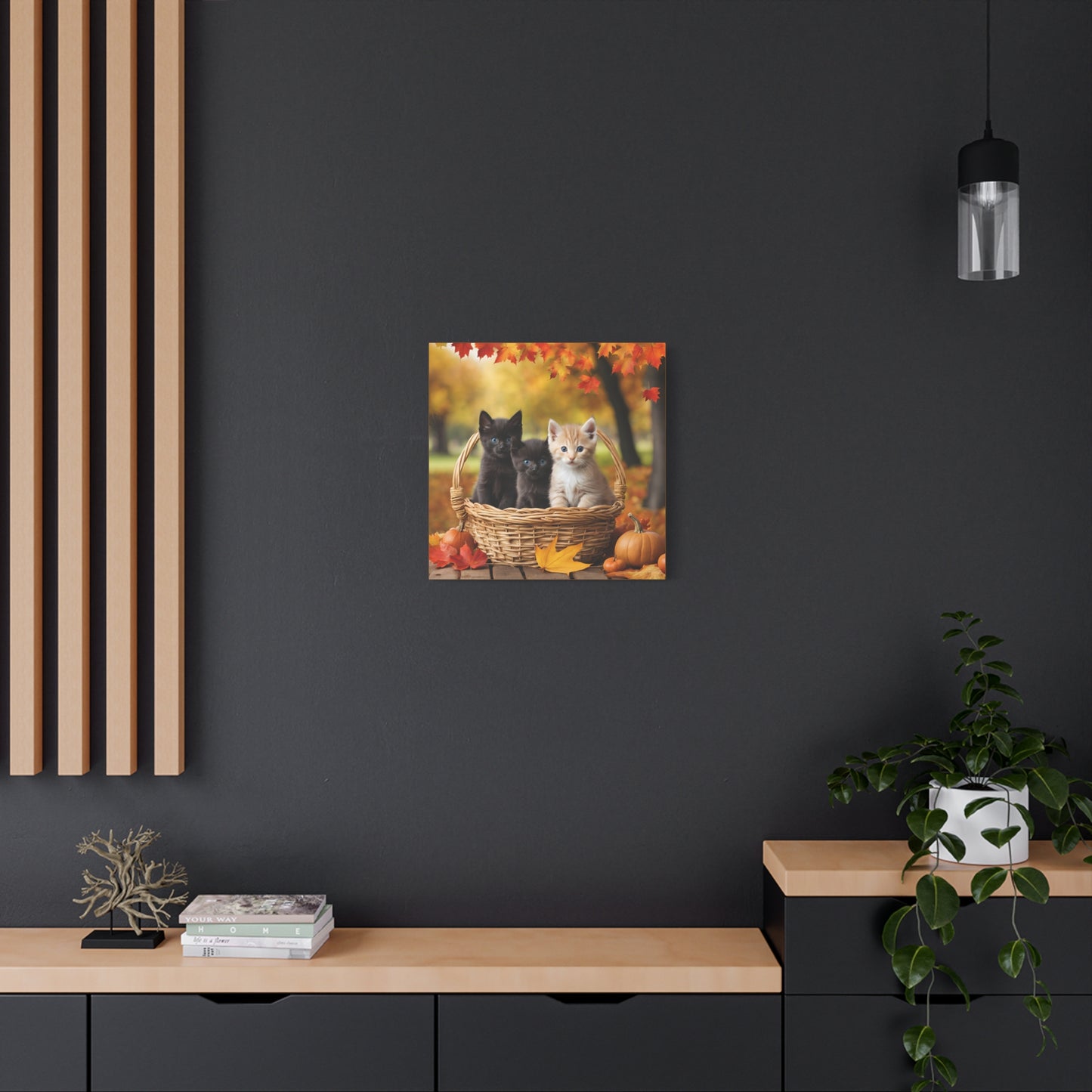 Kittens in Basket Fall Print Wall Art | Matte Canvas, Stretched, 1.25" | Cat Lover | Autumn | Pumpkins |